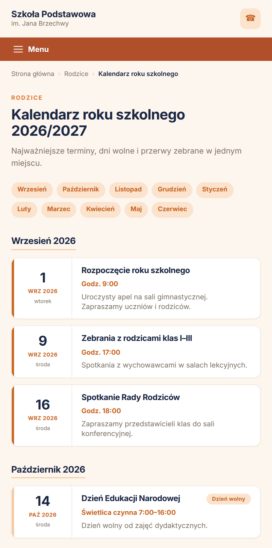 Kalendarz roku szkolnego na telefonie — widok dla odwiedzających