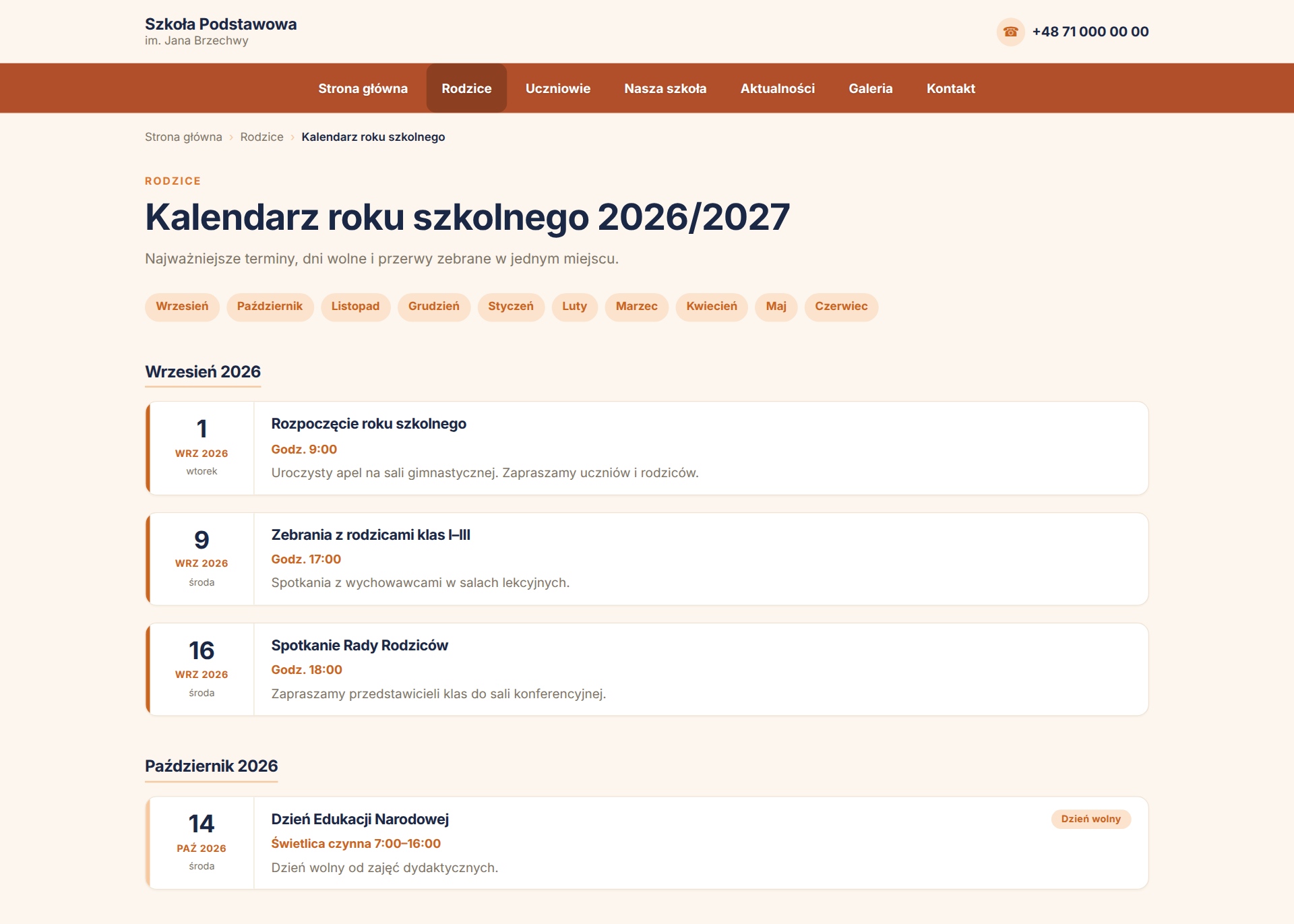 Przykładowa strona z kalendarzem roku szkolnego — widok dla odwiedzających