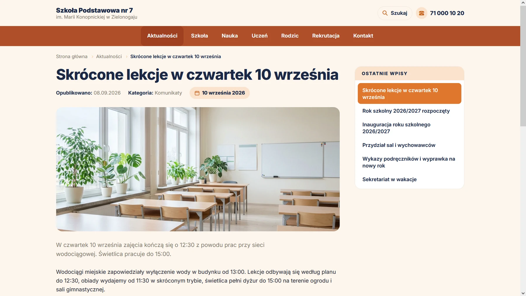Moduł Aktualności na stronie szkoły — zrzut 1