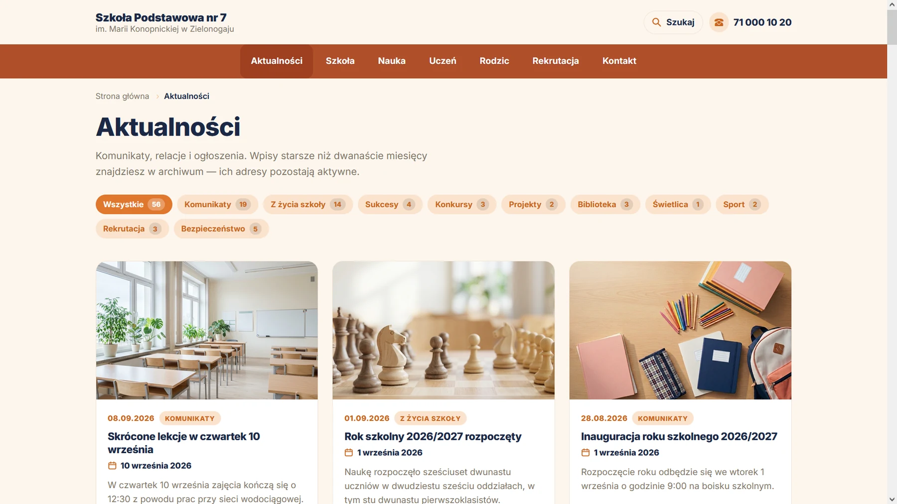 Moduł Aktualności na stronie szkoły — zrzut 2