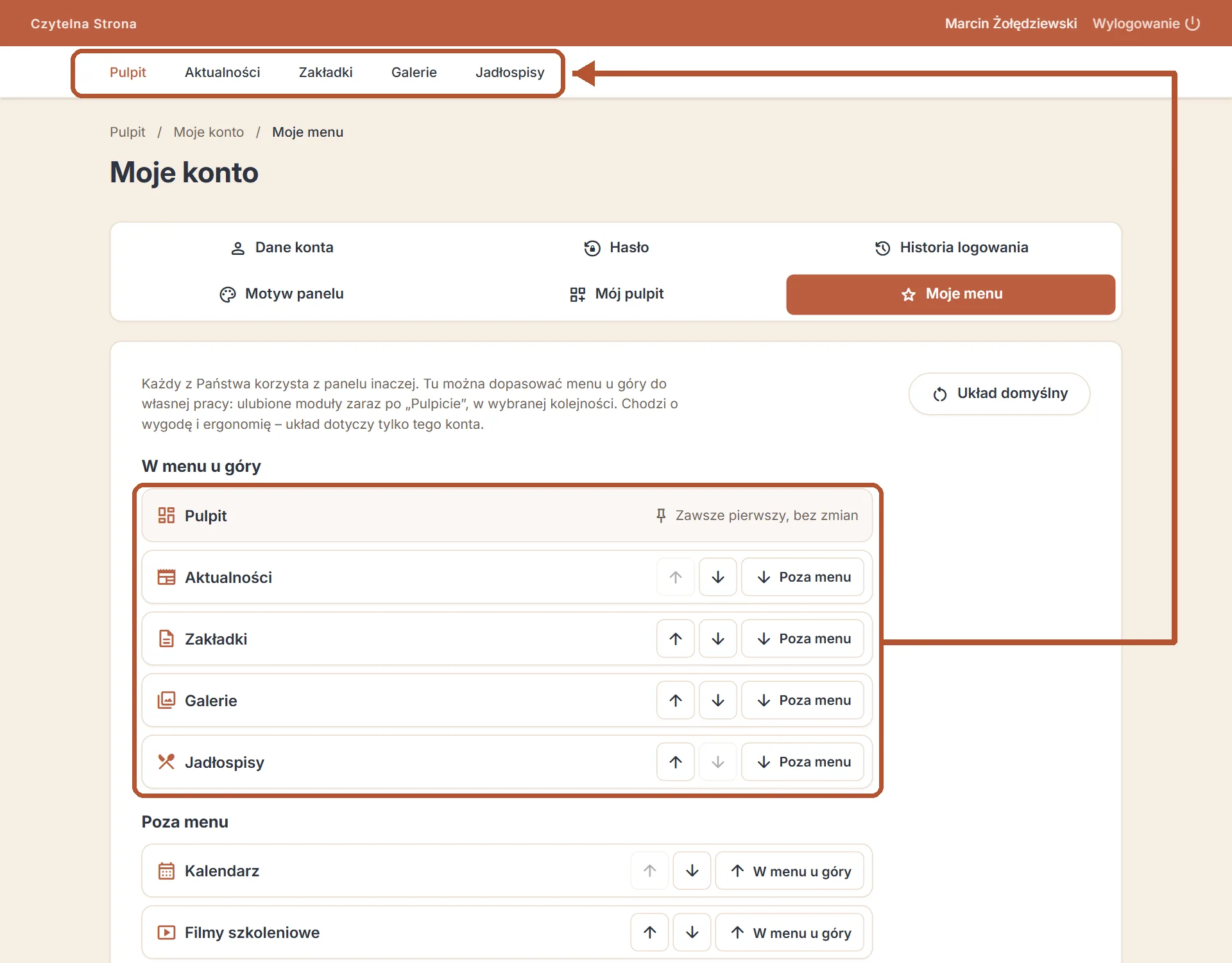 Kolejność ustawioną w „Moim menu” od razu widać w menu u góry.
