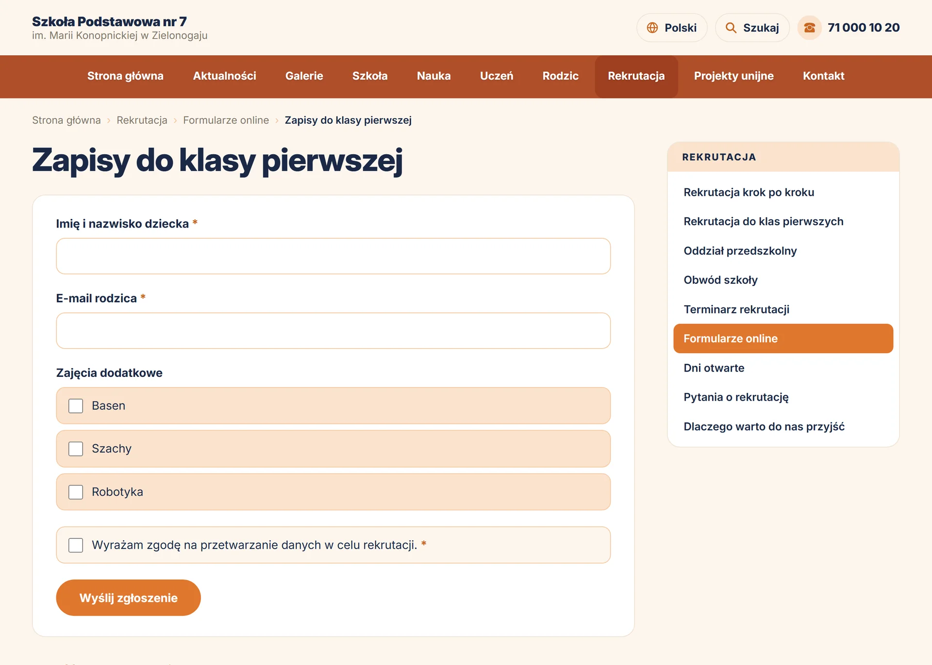 Moduł Formularze na stronie szkoły — zrzut 1