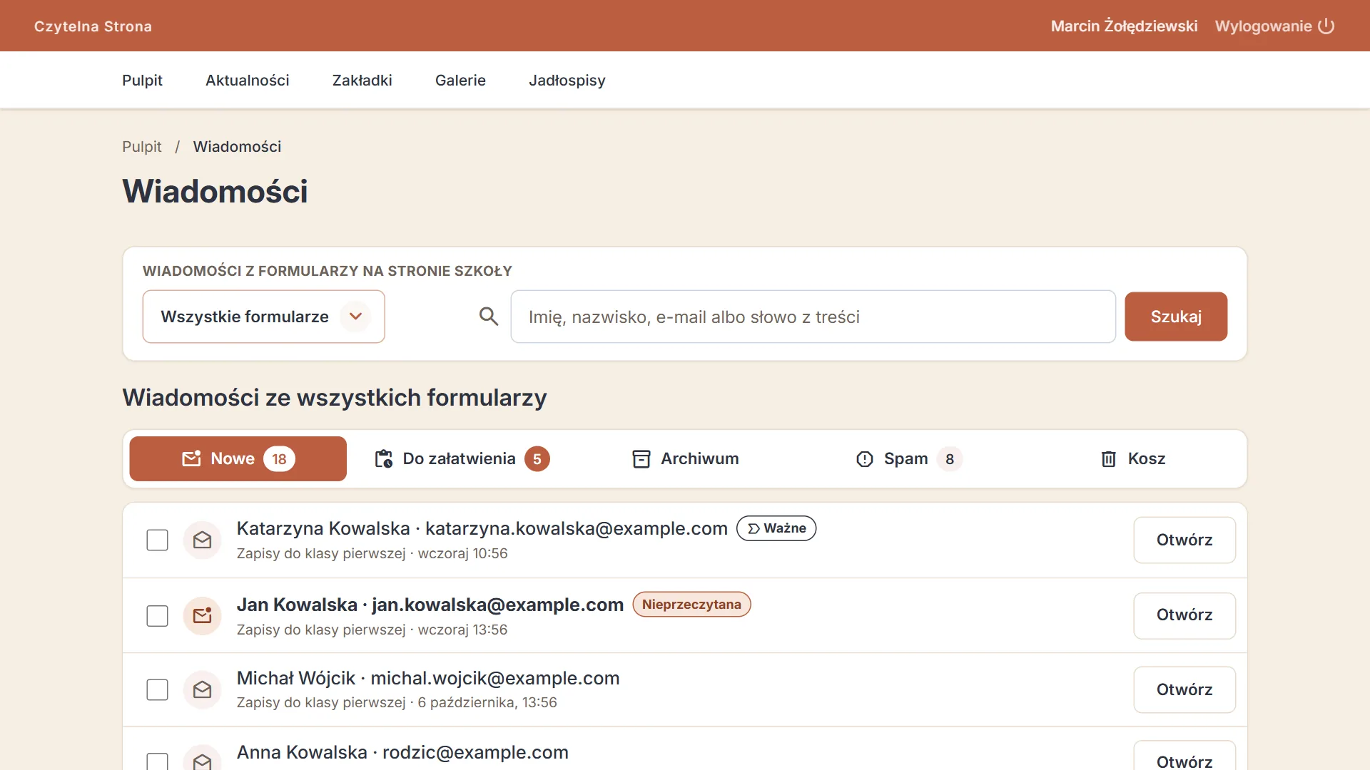 Moduł Formularze w panelu — widok dla nauczycieli, zrzut 2