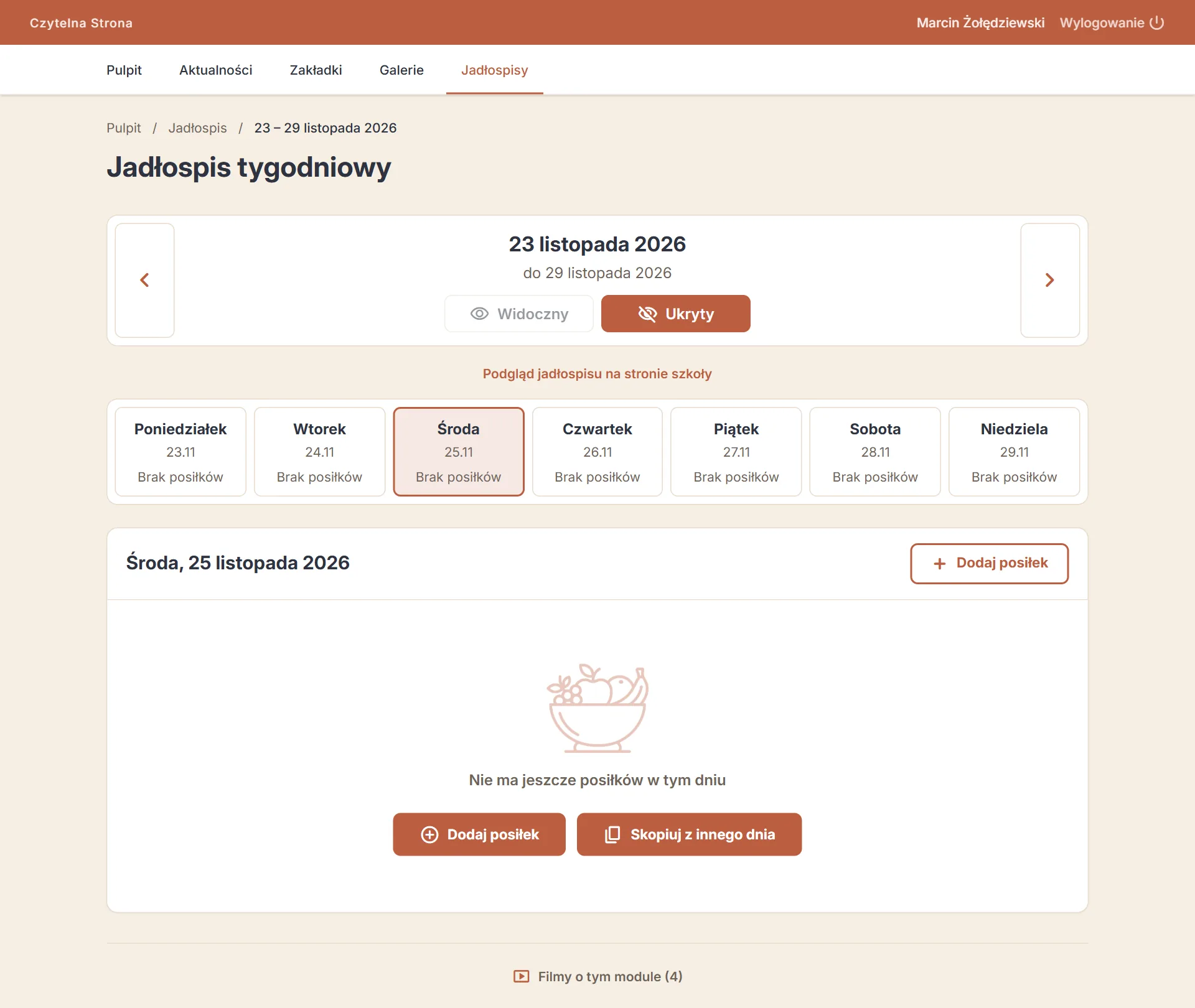 Moduł Jadłospis w panelu — widok dla nauczycieli, zrzut 2