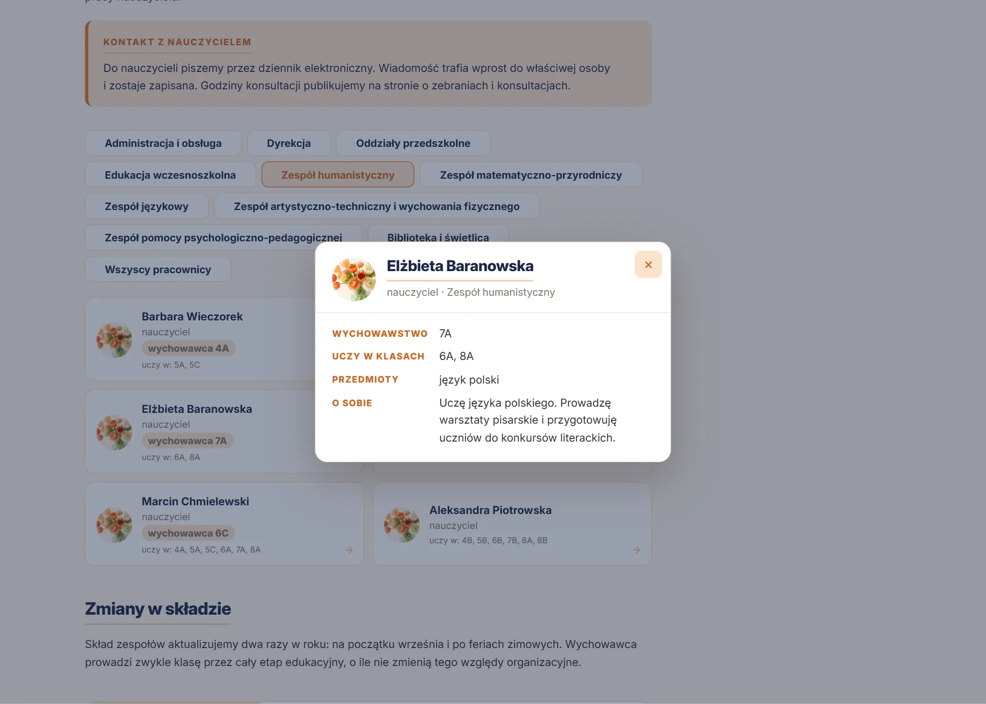 Moduł Kadra na stronie szkoły — zrzut 2