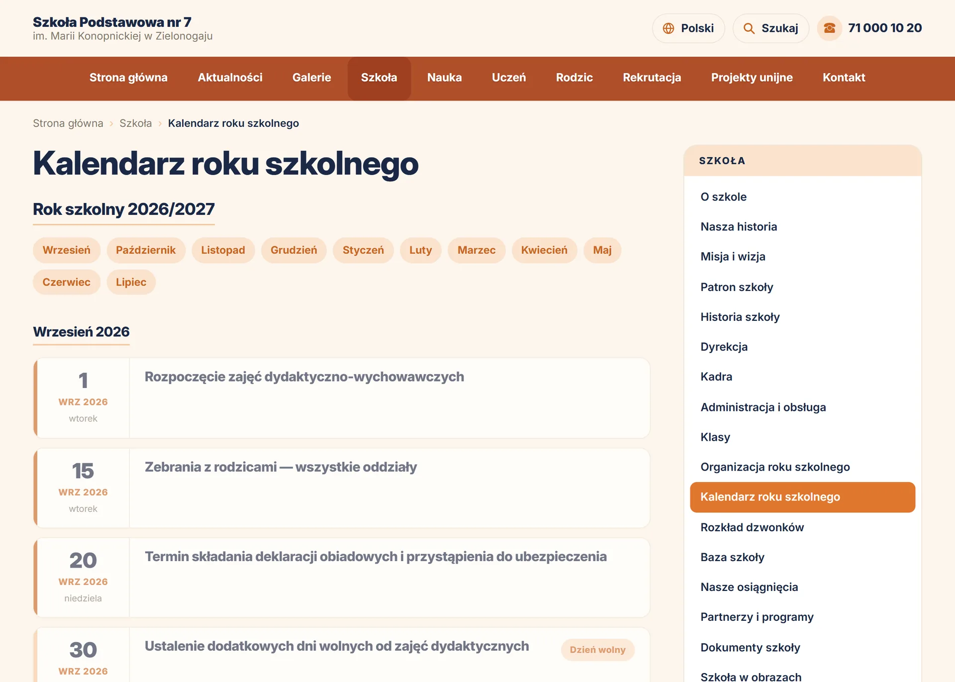 Kalendarz szkolny — strona szkoły