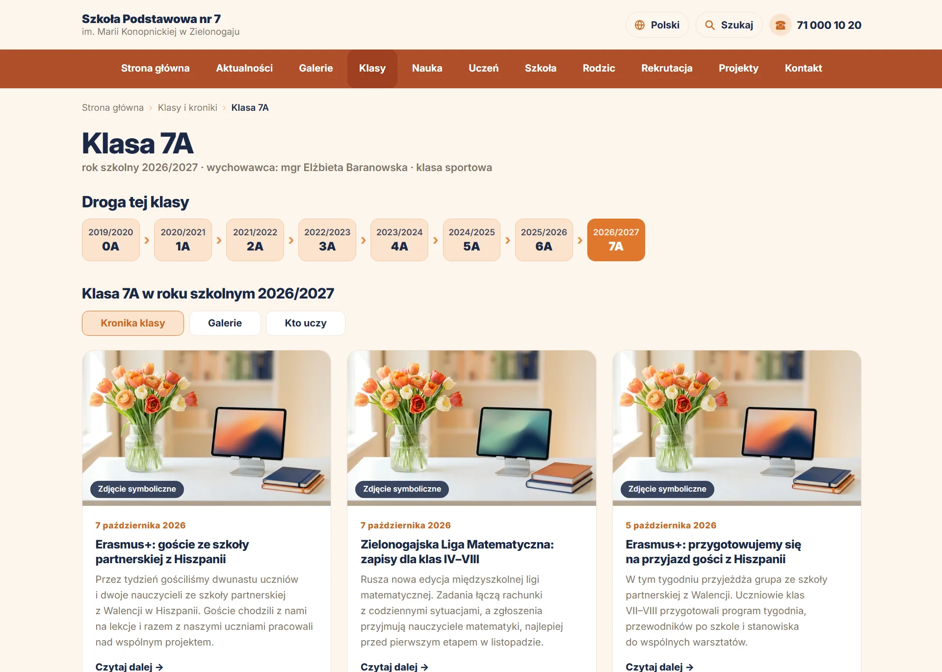 Moduł Kroniki klasowe na stronie szkoły — zrzut 2