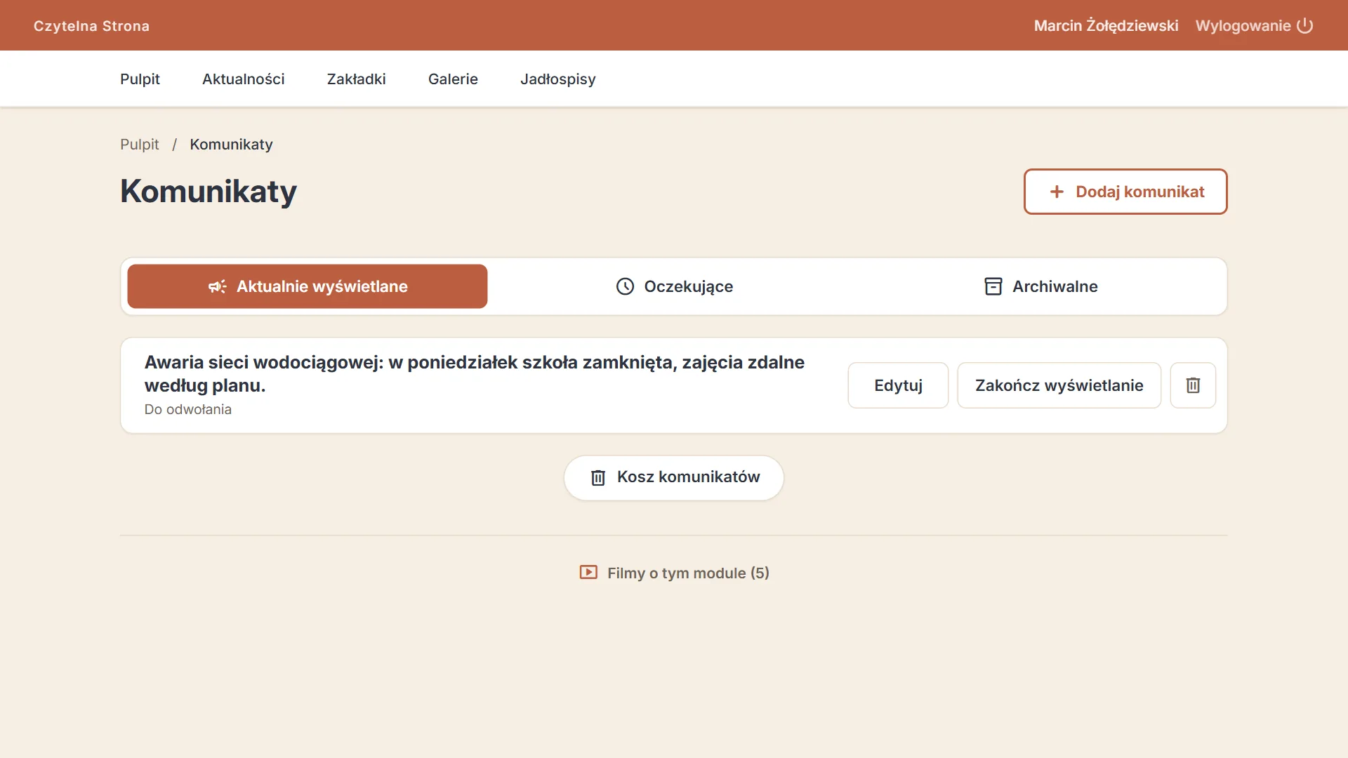 Moduł Ważne komunikaty w panelu, w którym nauczyciele opiekują się stroną — zrzut 1
