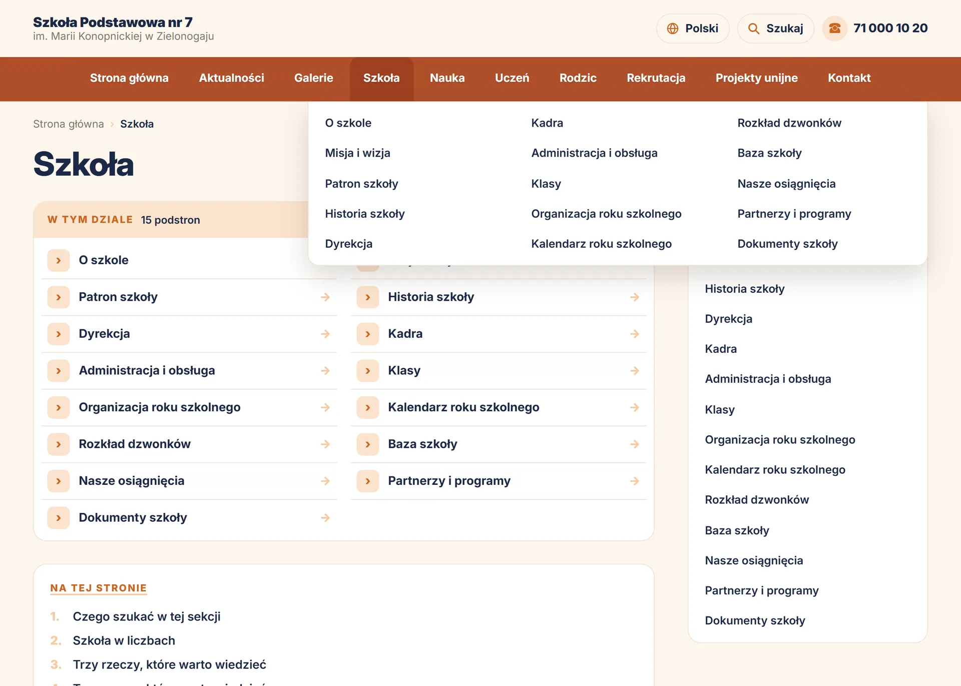 Menu i nawigacja — strona szkoły