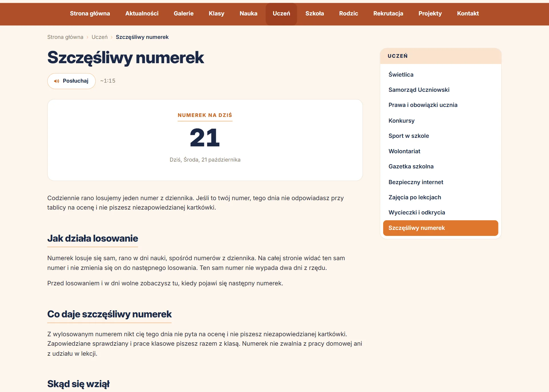 Szczęśliwy numerek — strona szkoły