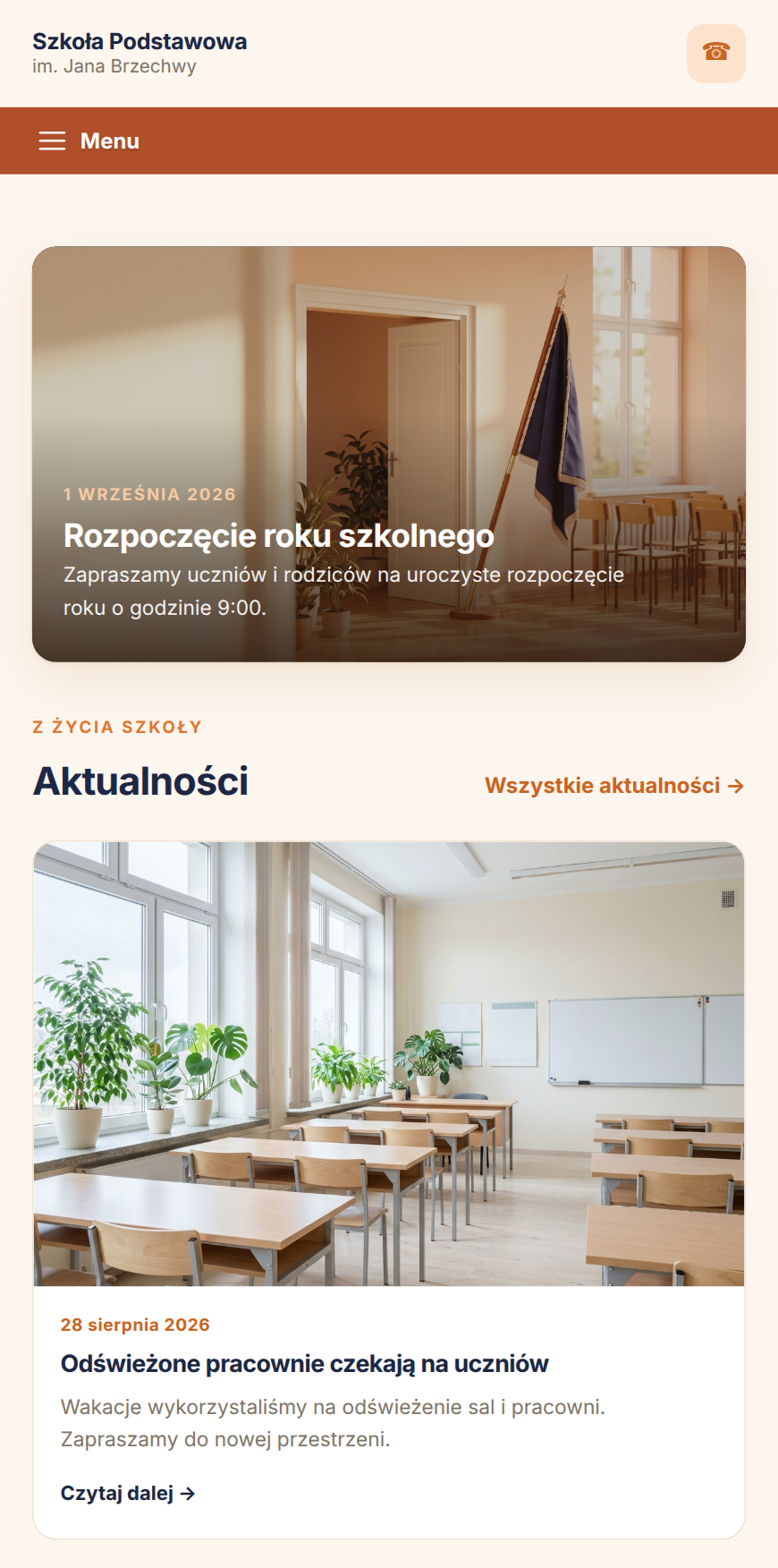 Strona główna szkoły na telefonie — widok dla odwiedzających