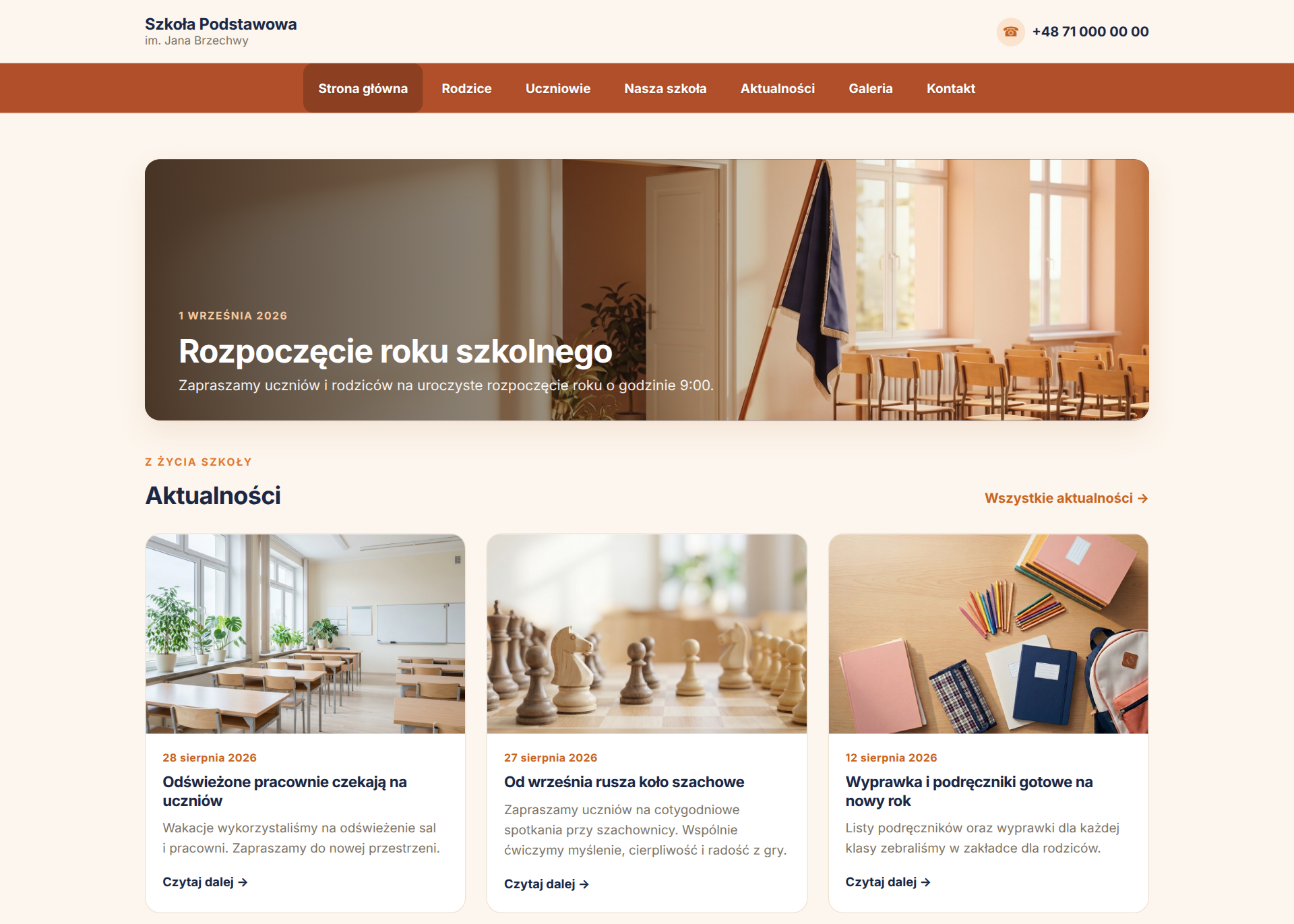 Przykładowa strona internetowa szkoły — widok dla odwiedzających