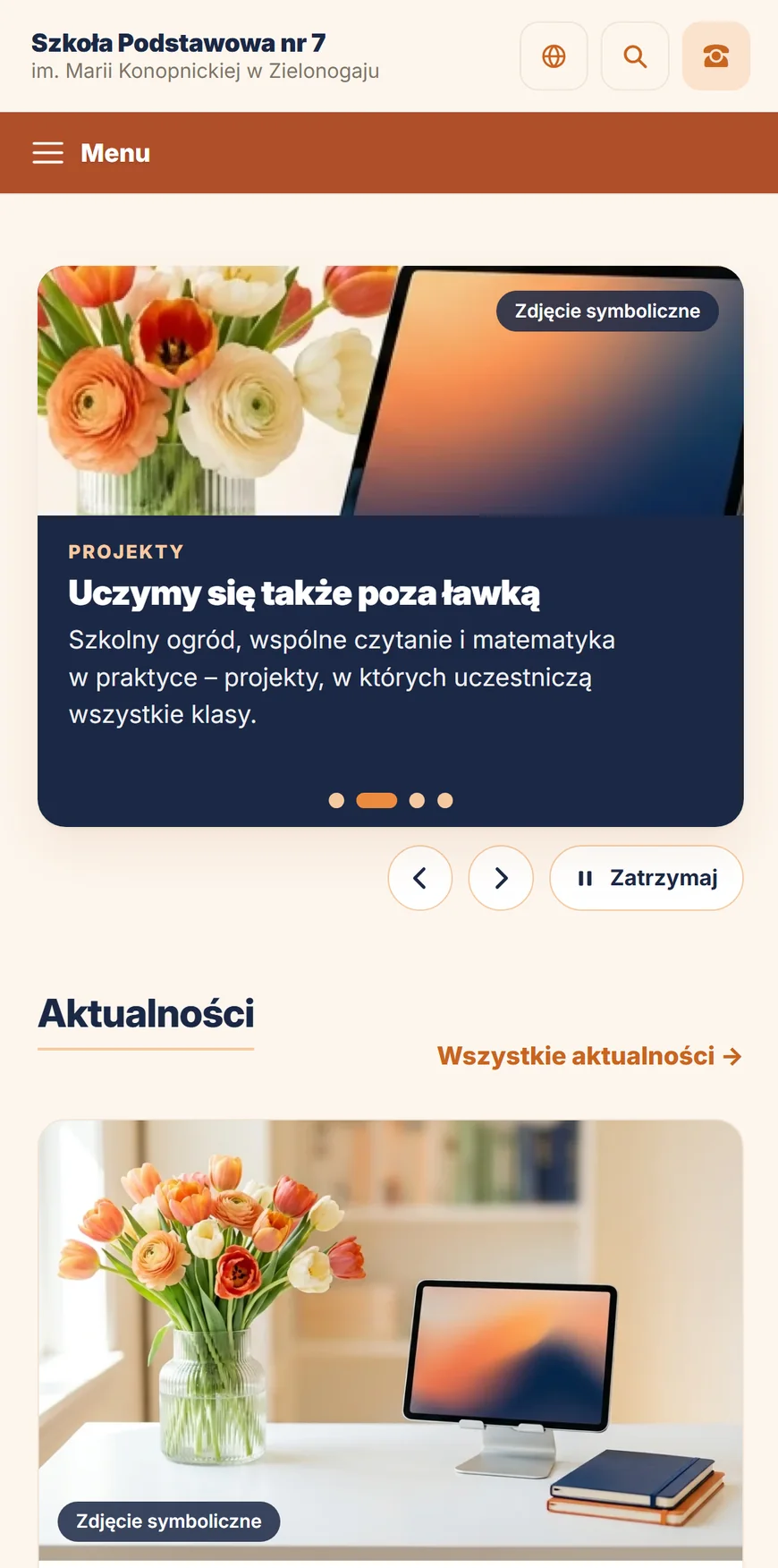 Przykładowa strona internetowa szkoły na telefonie — widok dla odwiedzających