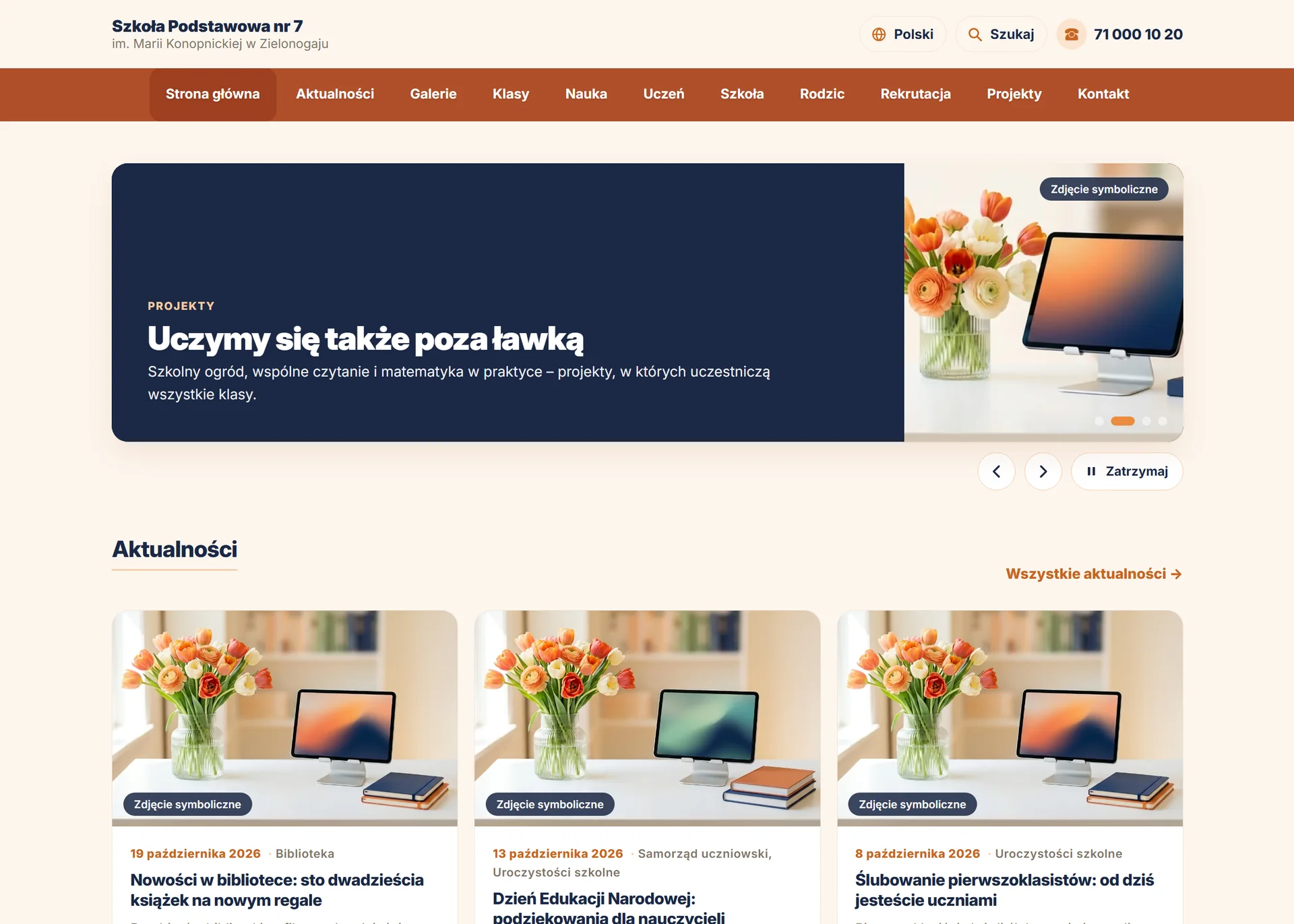 Przykładowa strona internetowa szkoły — widok dla odwiedzających