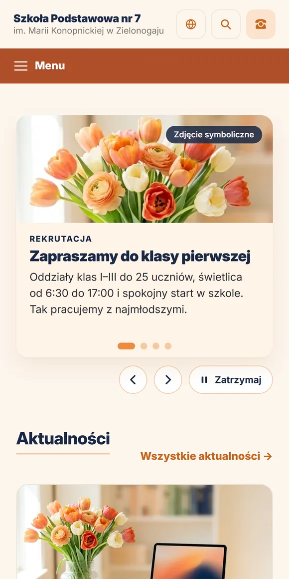 Strona główna szkoły na telefonie