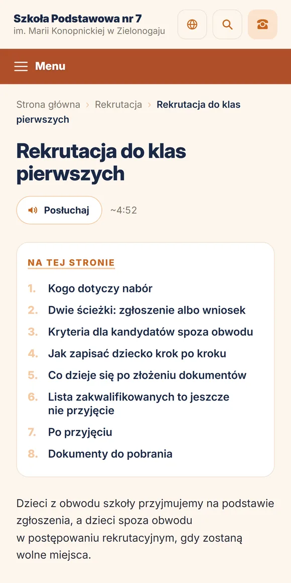 Zakładka o rekrutacji do klas pierwszych na telefonie