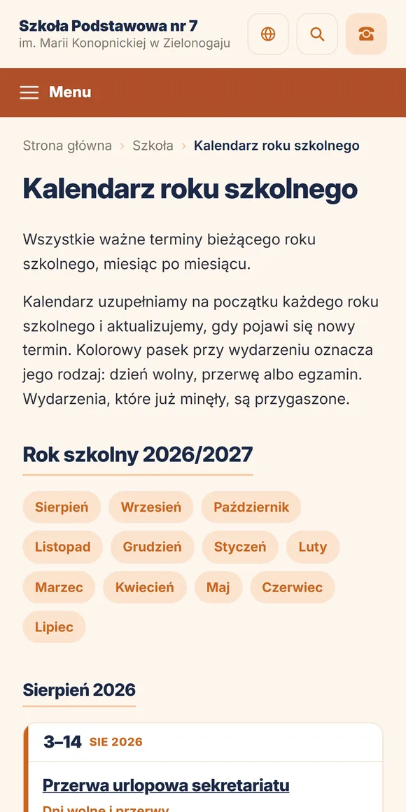 Kalendarz roku szkolnego na telefonie