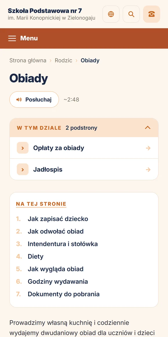 Zakładka o obiadach na telefonie