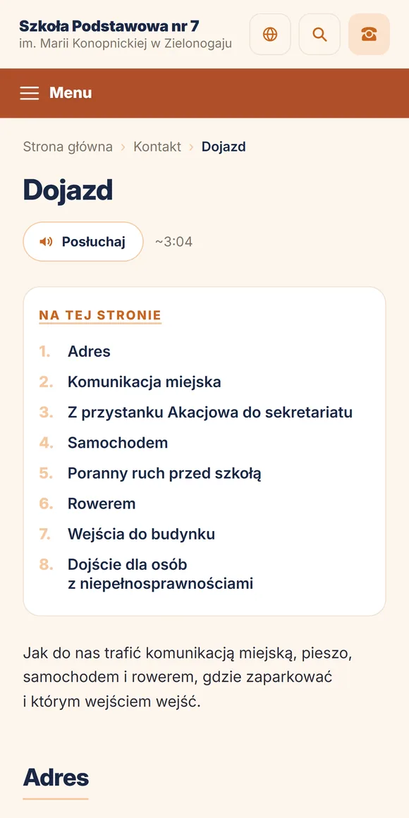 Zakładka o dojeździe do szkoły na telefonie