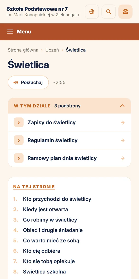 Zakładka o świetlicy na telefonie
