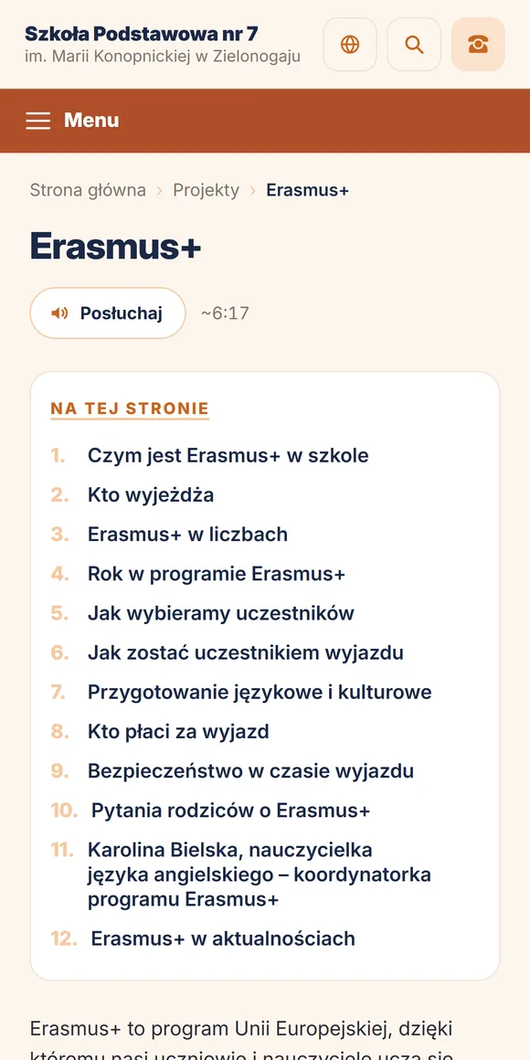 Zakładka o programie Erasmus+ na telefonie