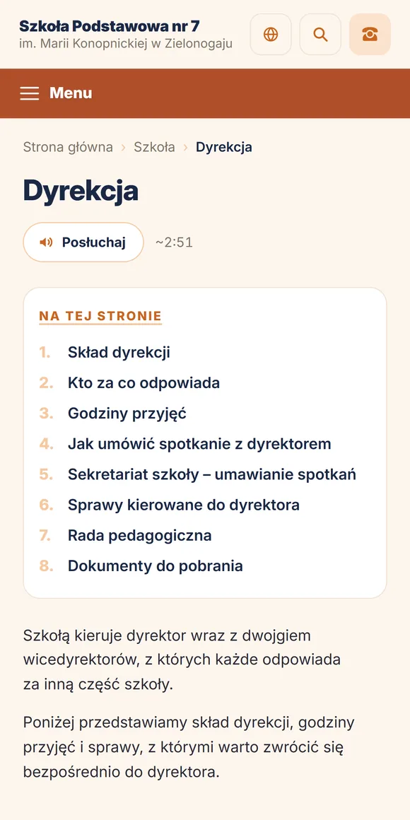 Zakładka o dyrekcji na telefonie