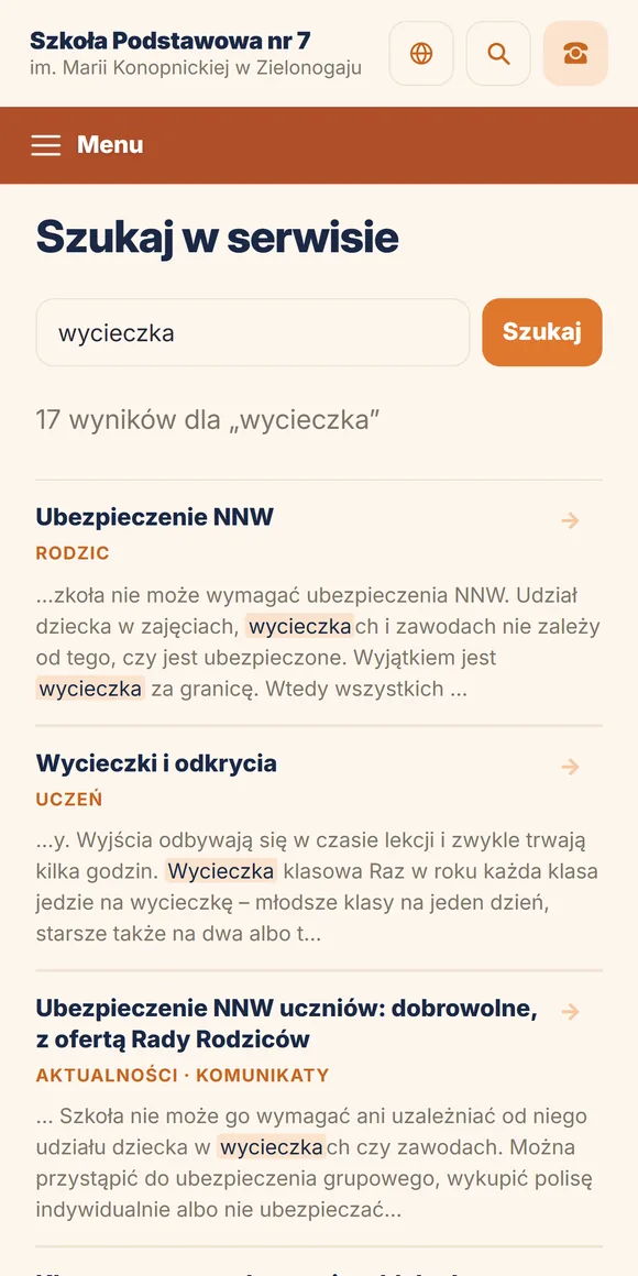 Wyniki wyszukiwania na telefonie