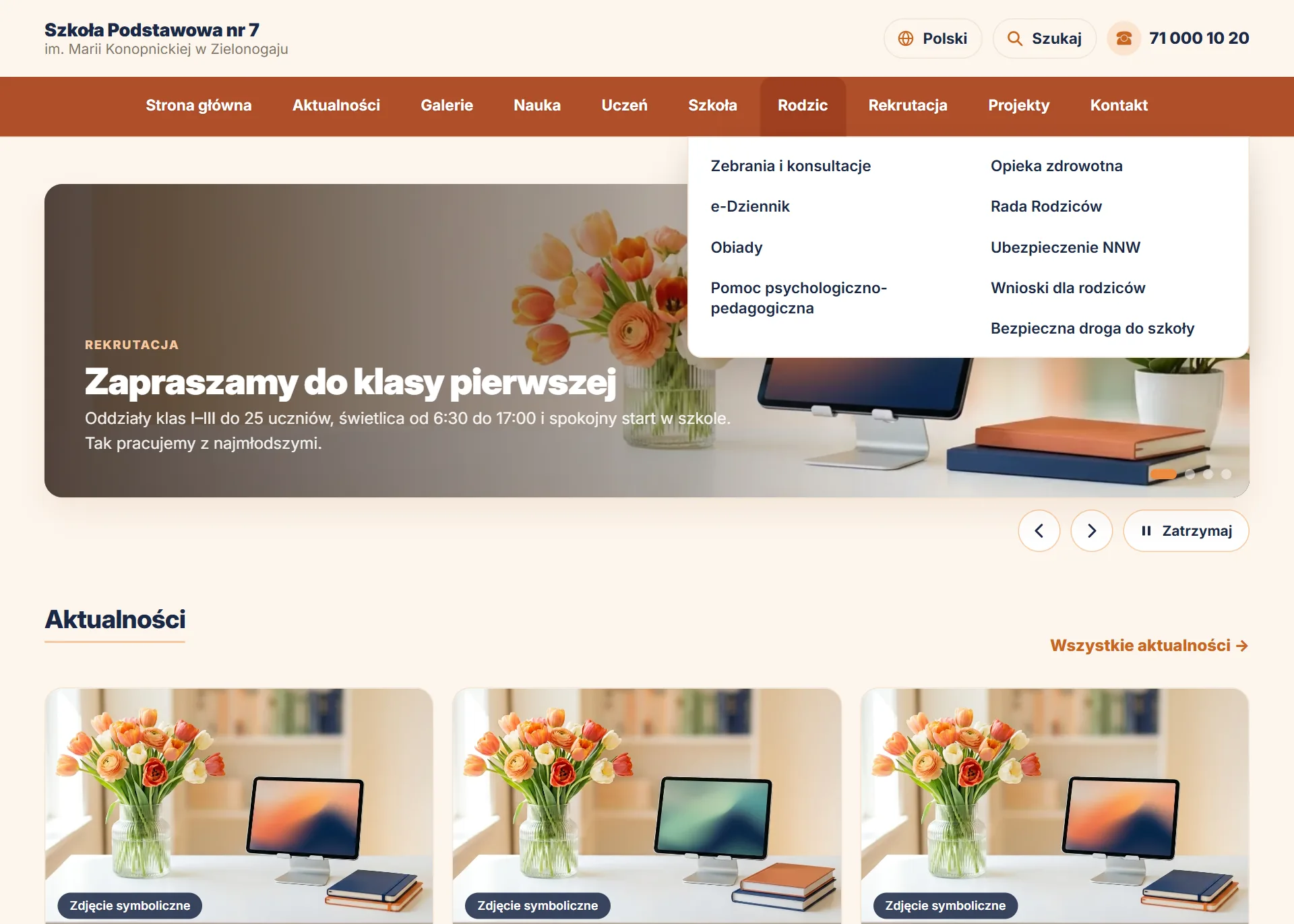 Strona szkoły z rozwiniętym menu działu „Rodzic” — widok dla odwiedzających