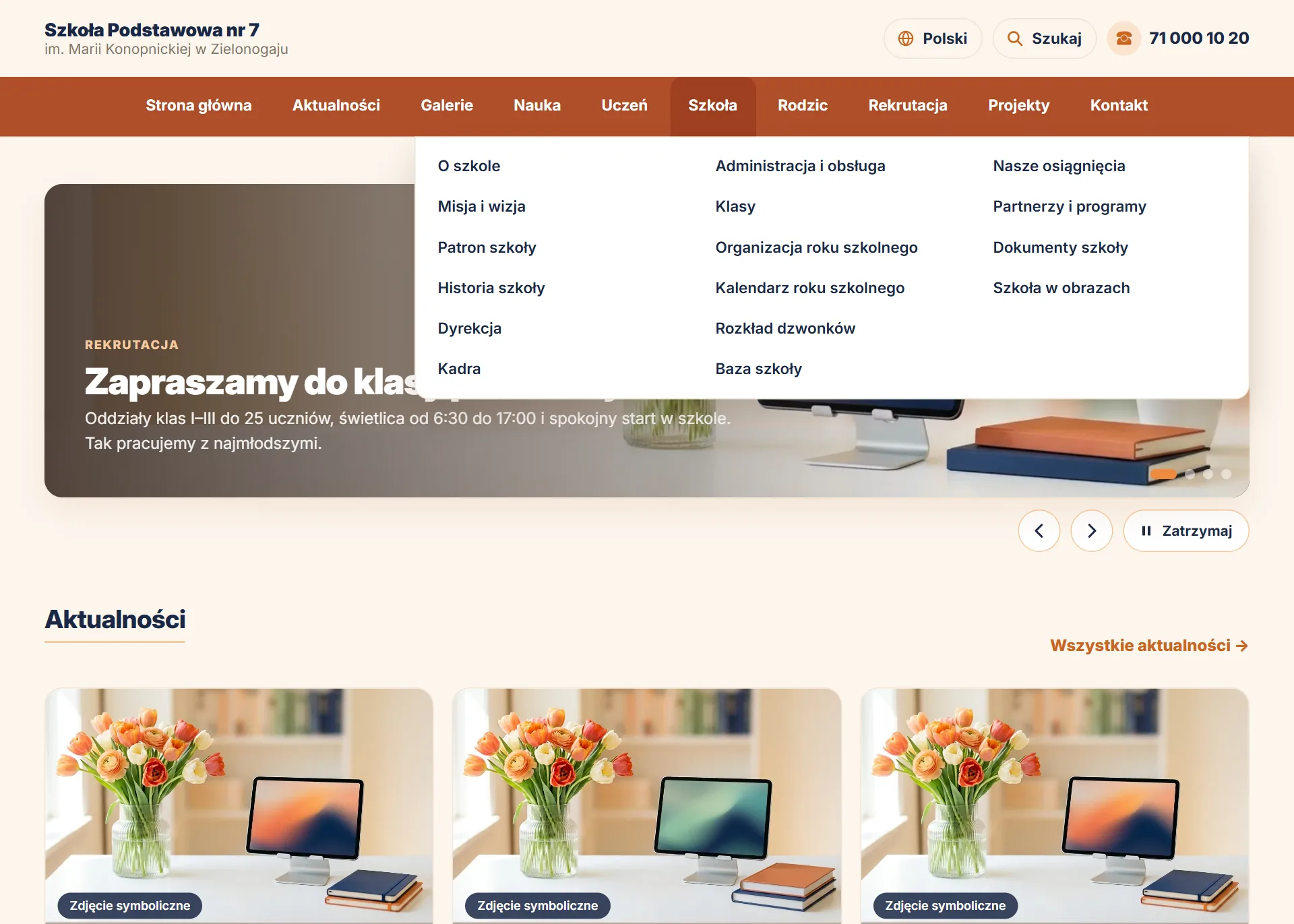 Strona szkoły z rozwiniętym menu działu „Szkoła” — widok dla odwiedzających