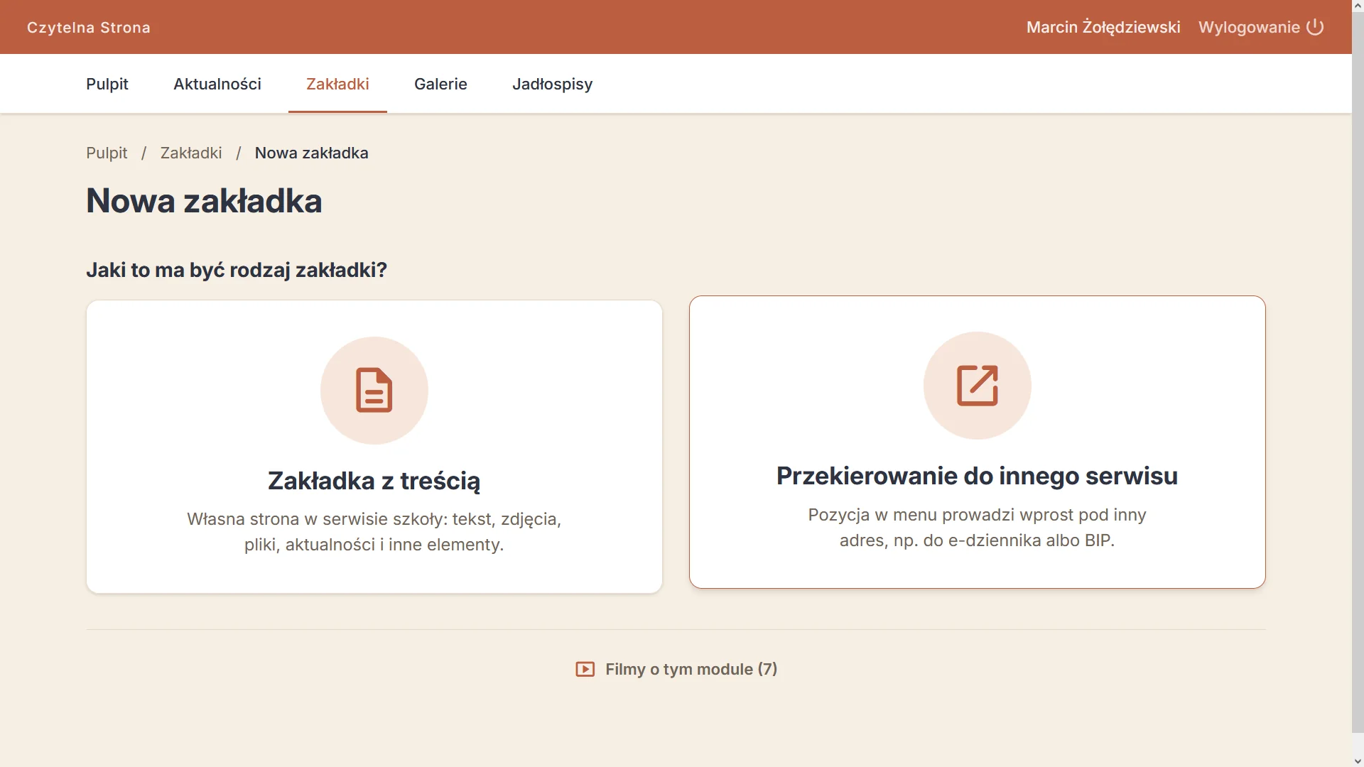 Wybór rodzaju nowej zakładki: z treścią albo przekierowanie do innego serwisu — widok dla nauczycieli