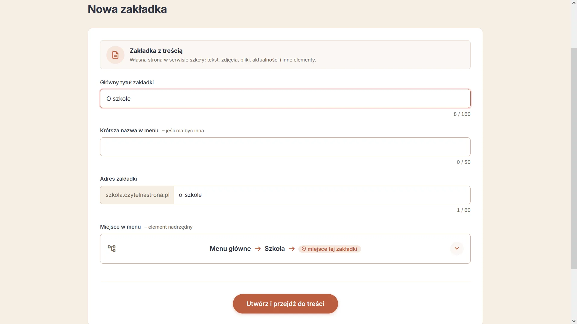 Formularz nowej zakładki z tytułem, adresem i miejscem w menu — widok dla nauczycieli