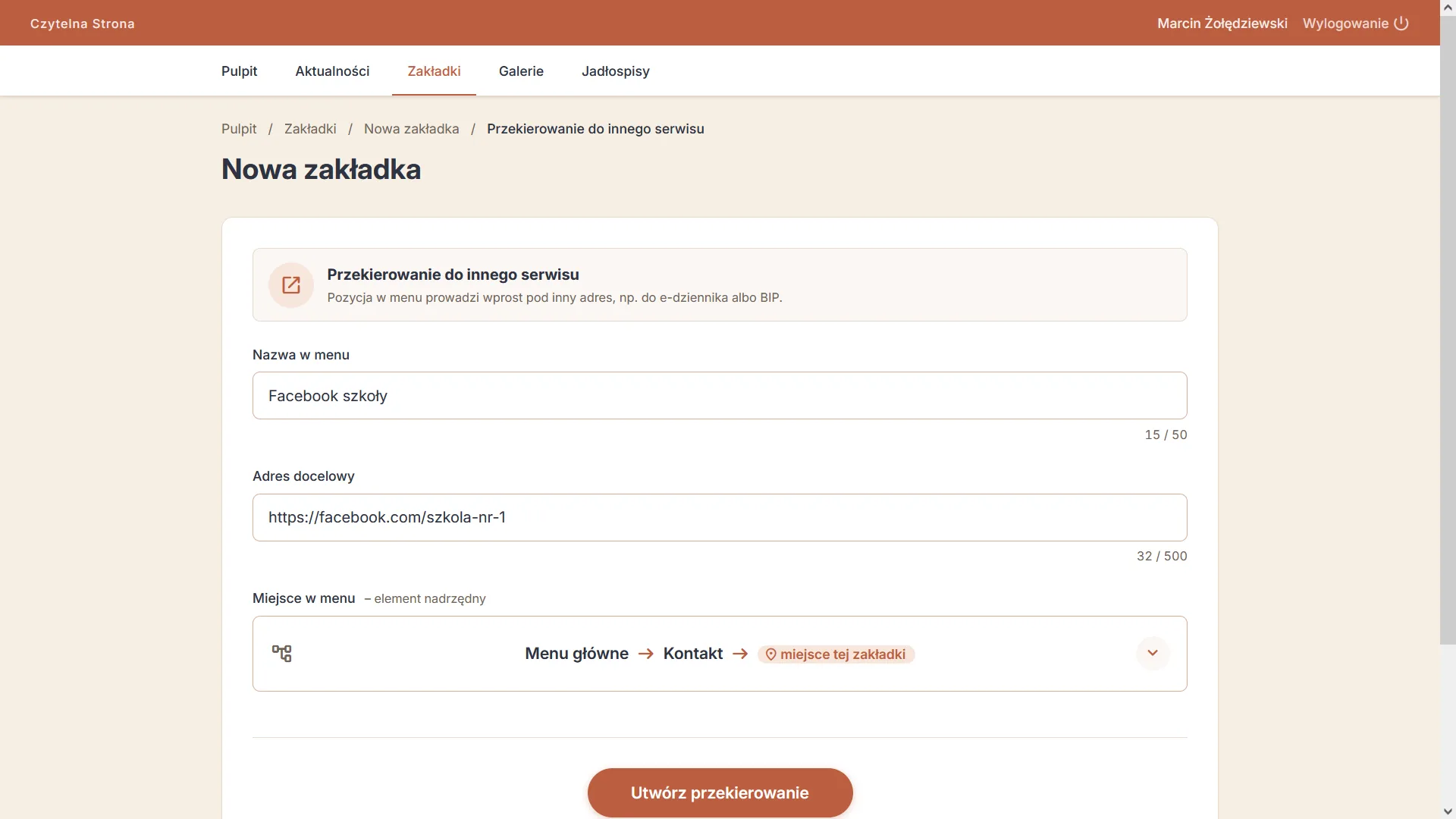 Formularz przekierowania pozycji menu pod inny adres, np. do Facebooka szkoły — widok dla nauczycieli