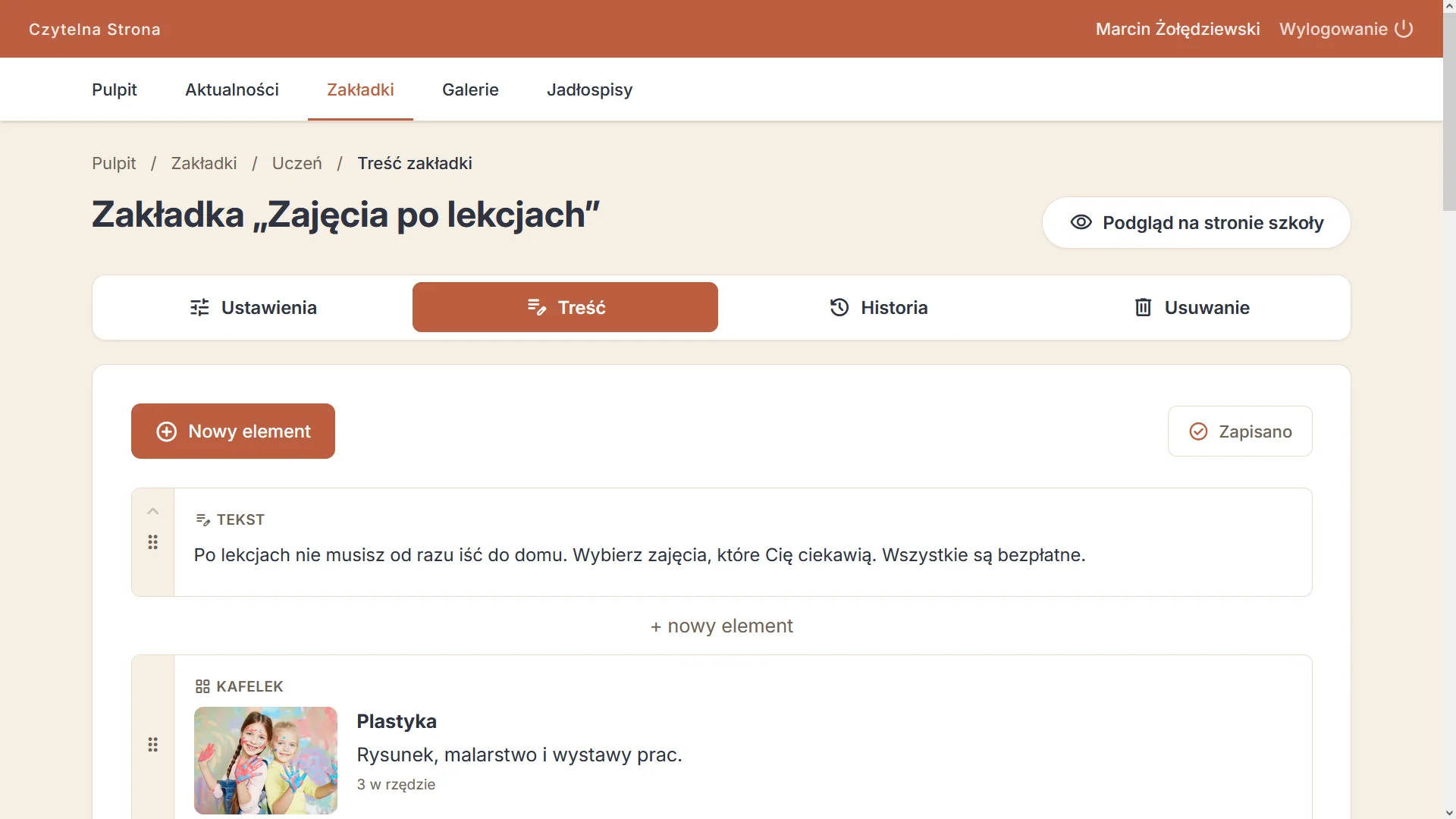 Treść zakładki Zajęcia po lekcjach z tekstem i kafelkami — widok dla nauczycieli