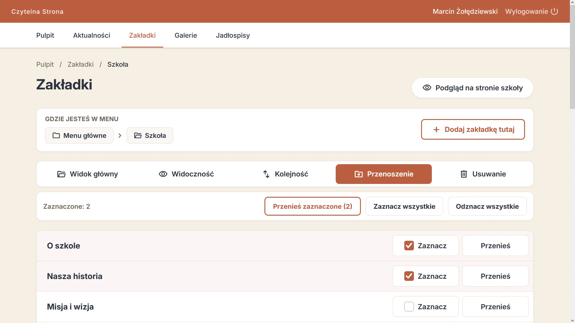 Przenoszenie kilku zaznaczonych zakładek w inne miejsce menu — widok dla nauczycieli