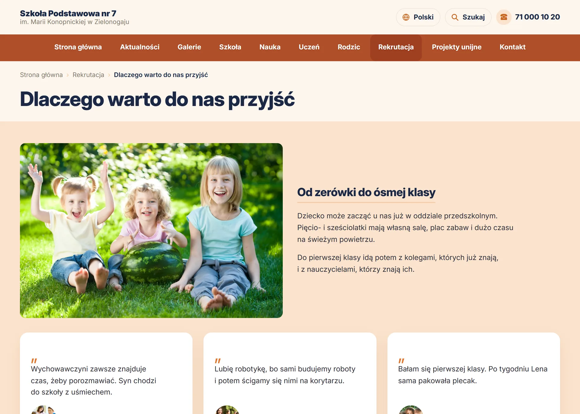Podstrona Dlaczego warto do nas przyjść na stronie szkoły — widok dla odwiedzających