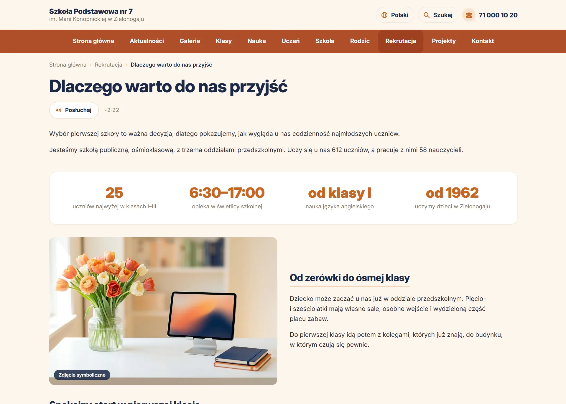 Zakładka „Dlaczego warto do nas przyjść” na stronie szkoły — widok dla odwiedzających