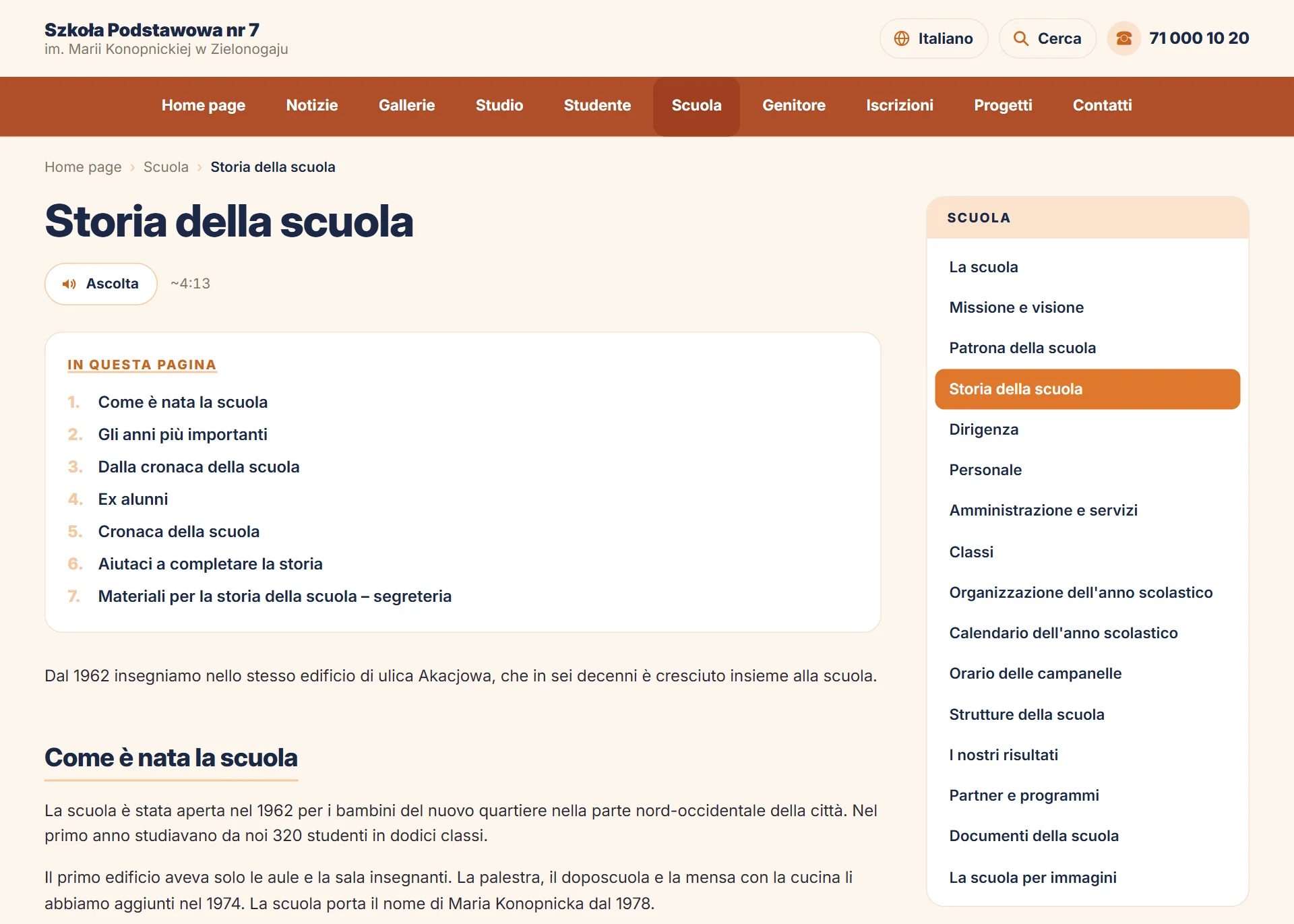 Podstrona „Storia della scuola” (historia szkoły) w wersji włoskiej — widok dla odwiedzających