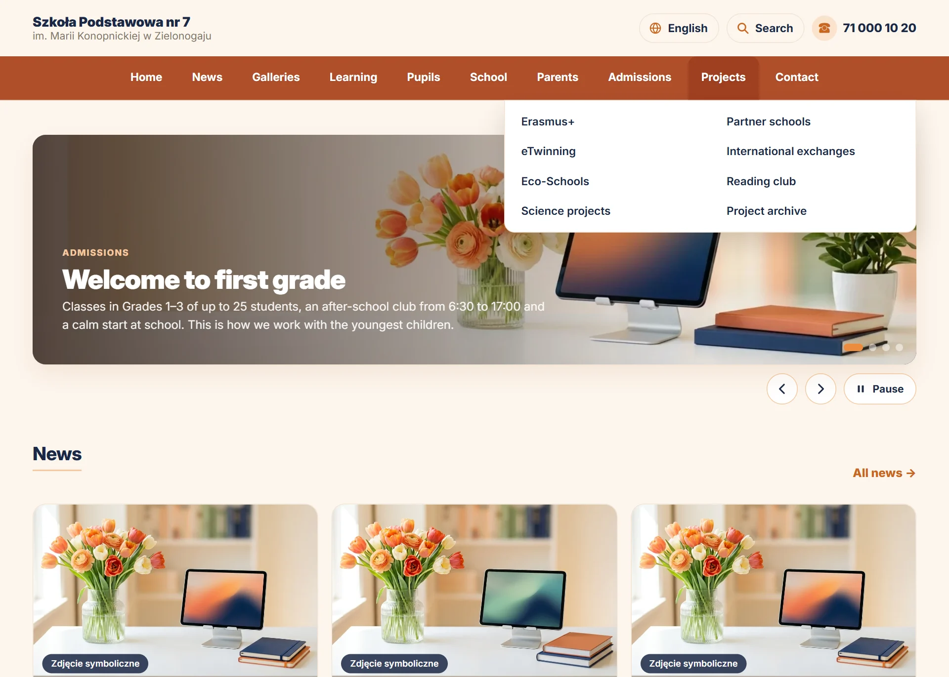 Rozwinięte menu „Projects” w wersji angielskiej — widok dla odwiedzających