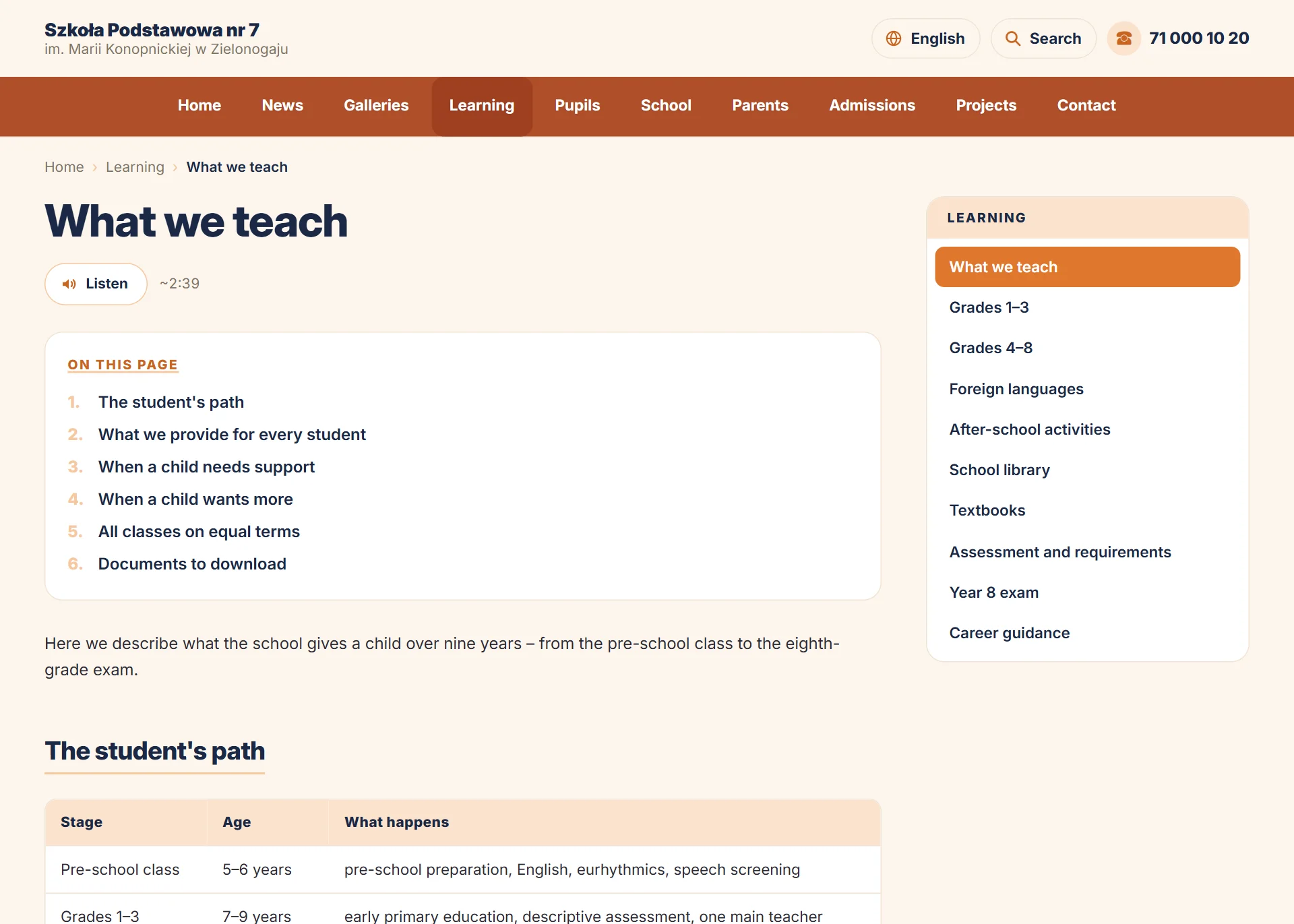 Podstrona „What we teach” (oferta edukacyjna) w wersji angielskiej — widok dla odwiedzających