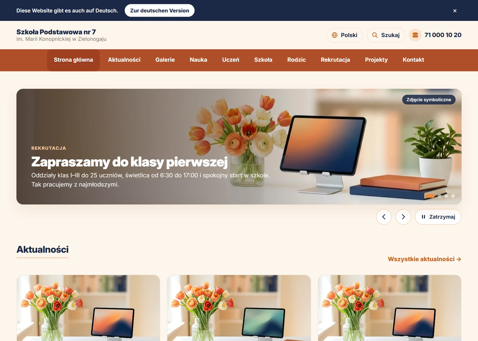 Pasek z informacją o wersji niemieckojęzycznej dla osoby z przeglądarką ustawioną na niemiecki — widok dla odwiedzających