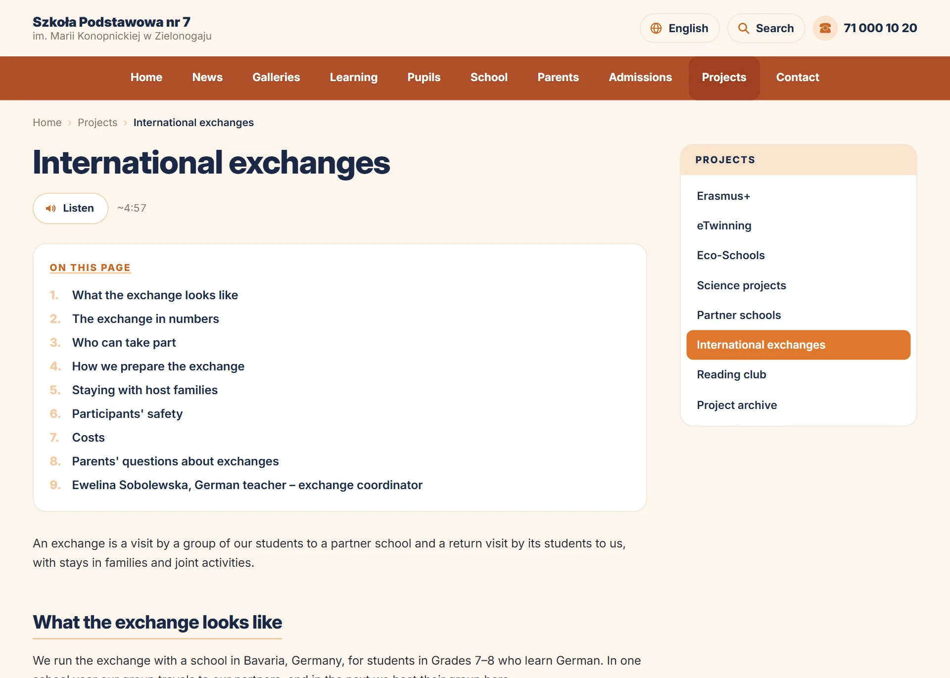 Podstrona „International exchanges” (wymiany międzynarodowe) w wersji angielskiej — widok dla odwiedzających