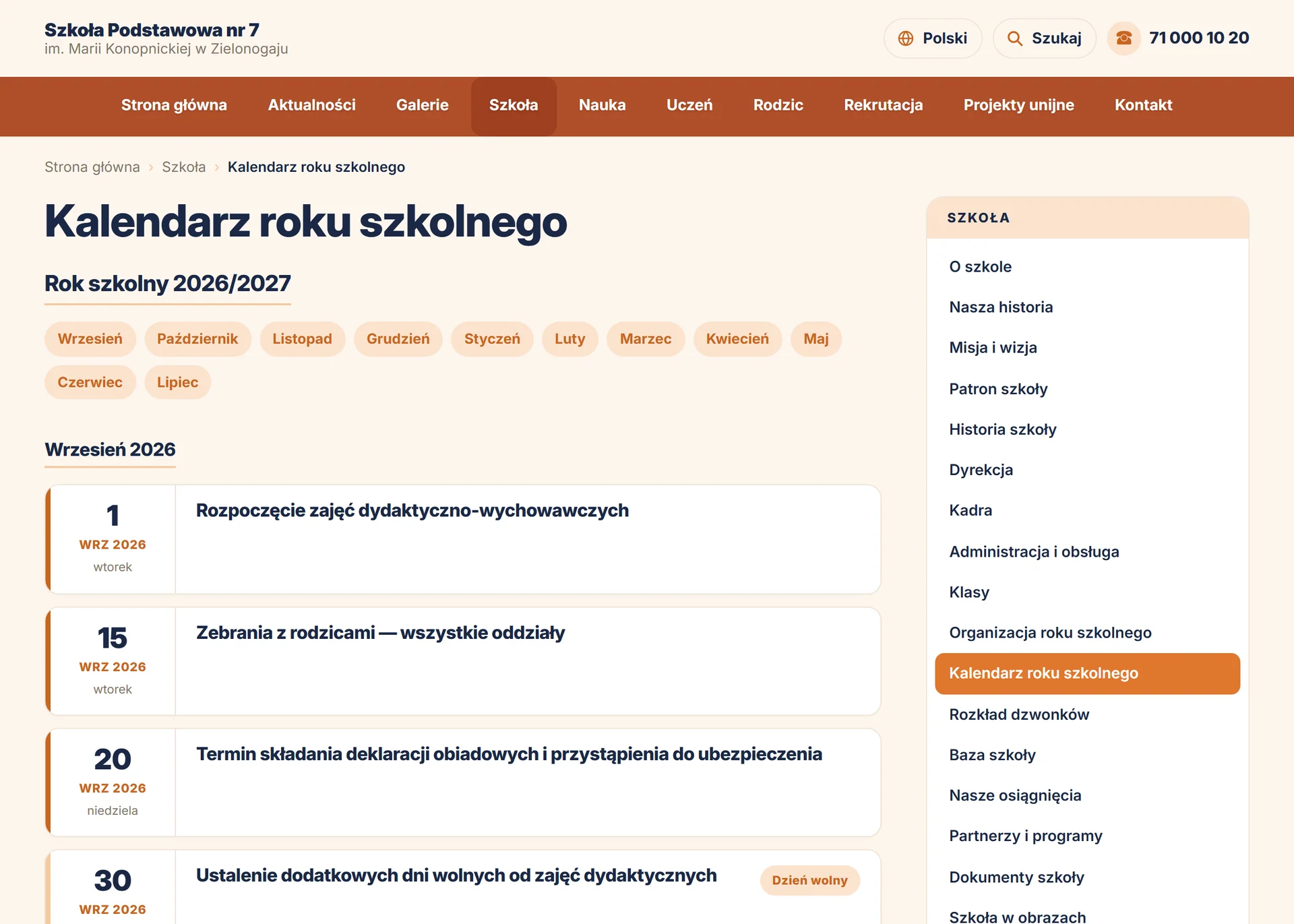 Podstrona Kalendarz roku szkolnego na stronie szkoły — widok dla odwiedzających