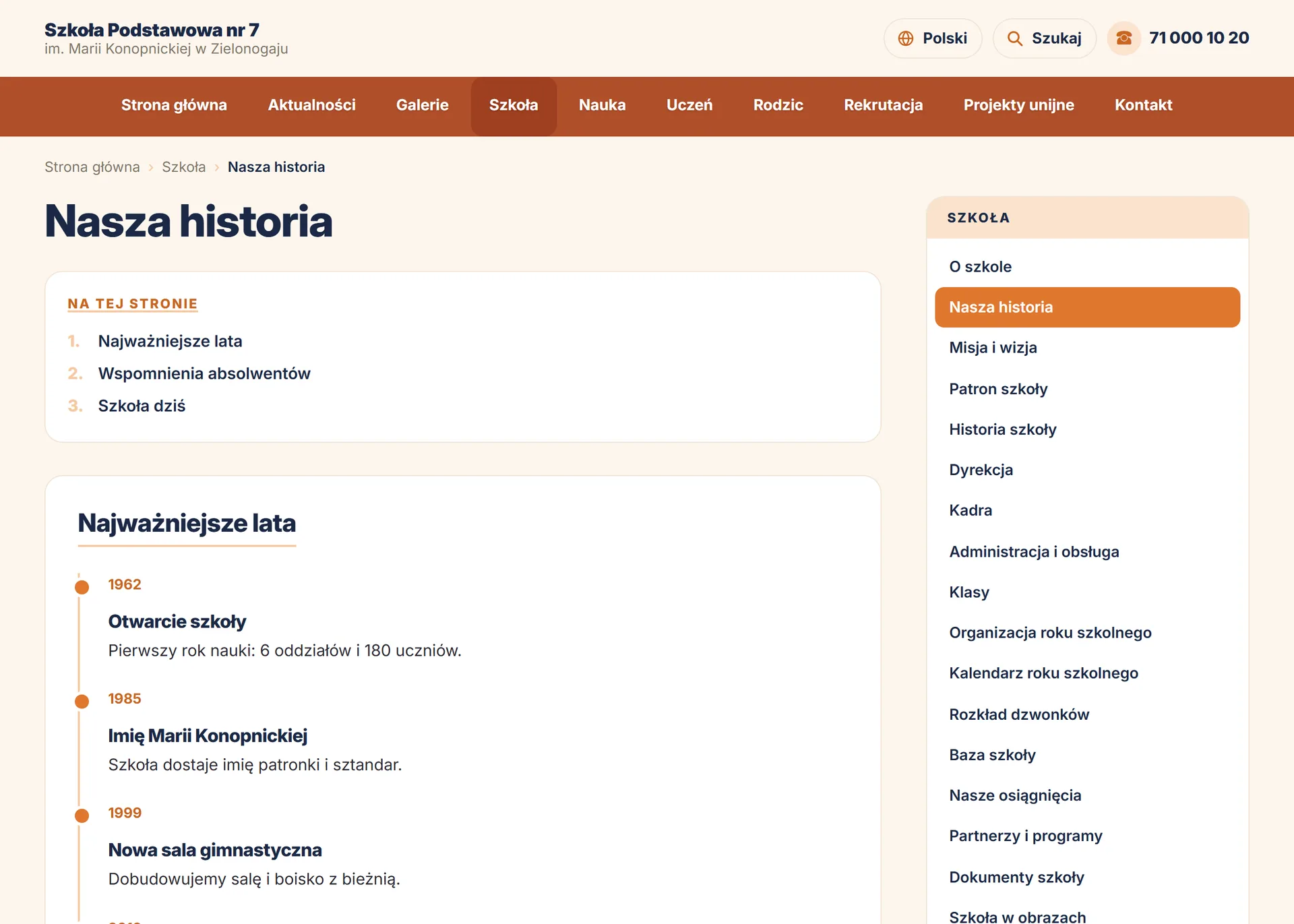 Podstrona Nasza historia na stronie szkoły — widok dla odwiedzających
