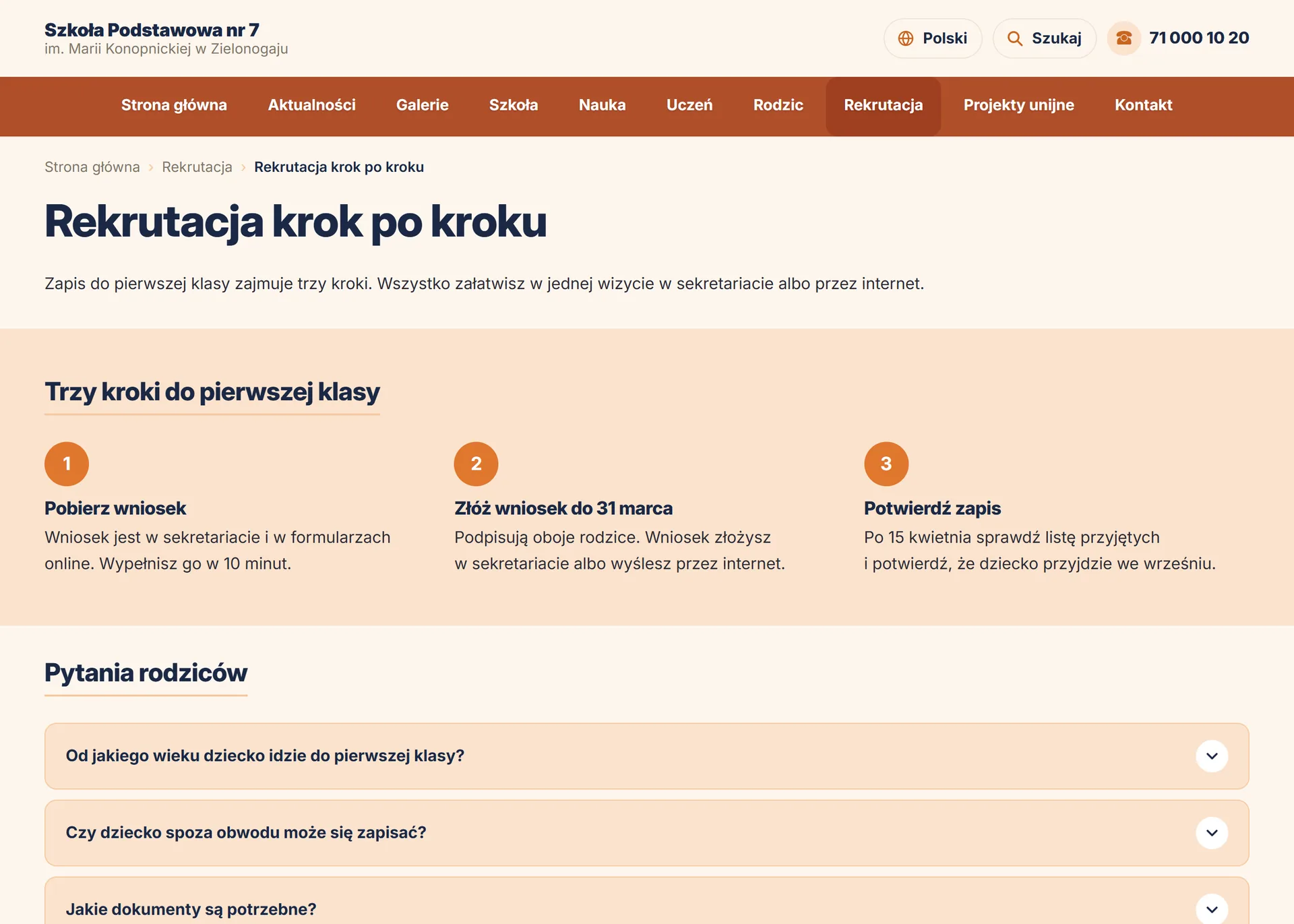 Podstrona Rekrutacja krok po kroku na stronie szkoły — widok dla odwiedzających