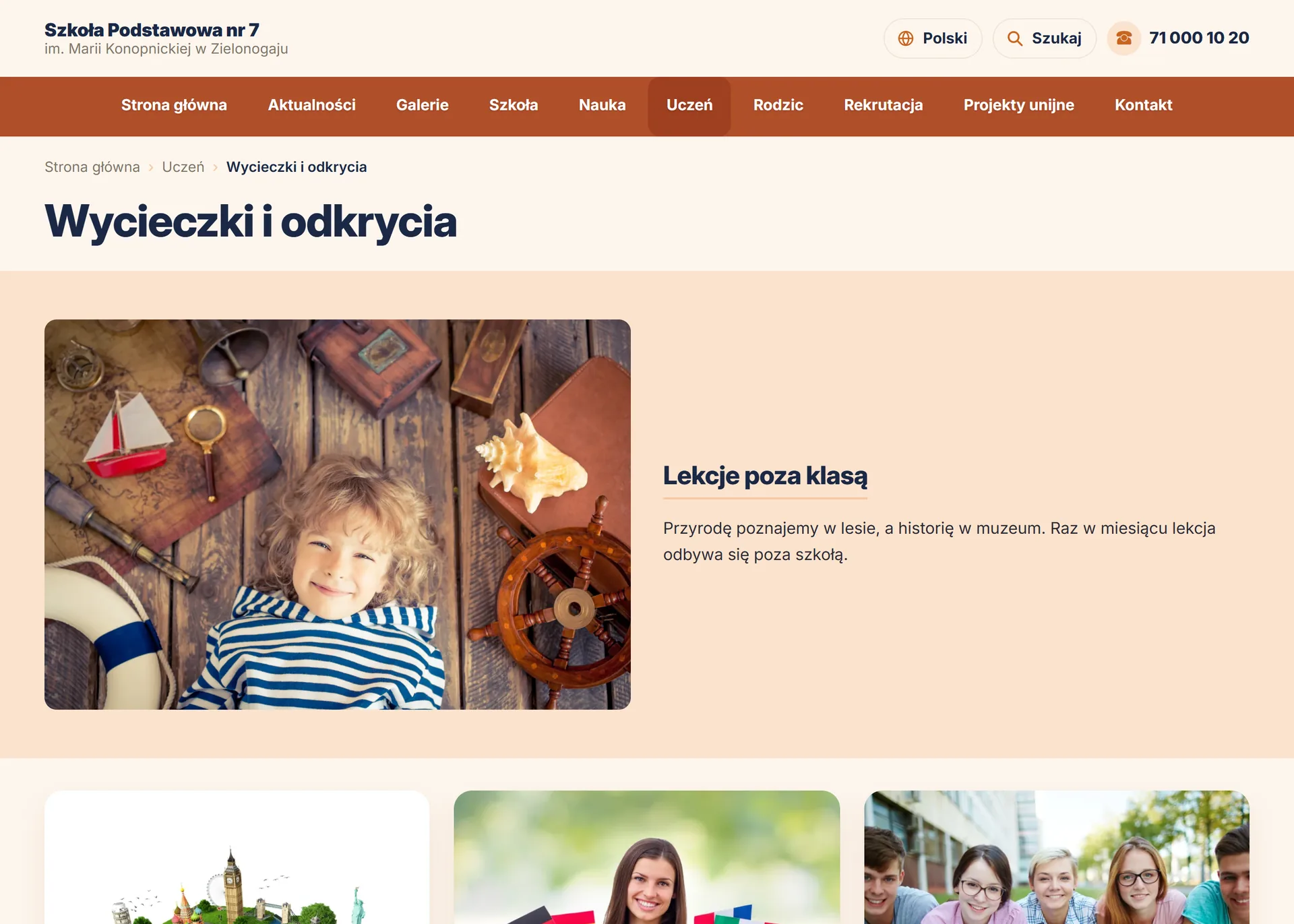 Podstrona Wycieczki i odkrycia na stronie szkoły — widok dla odwiedzających
