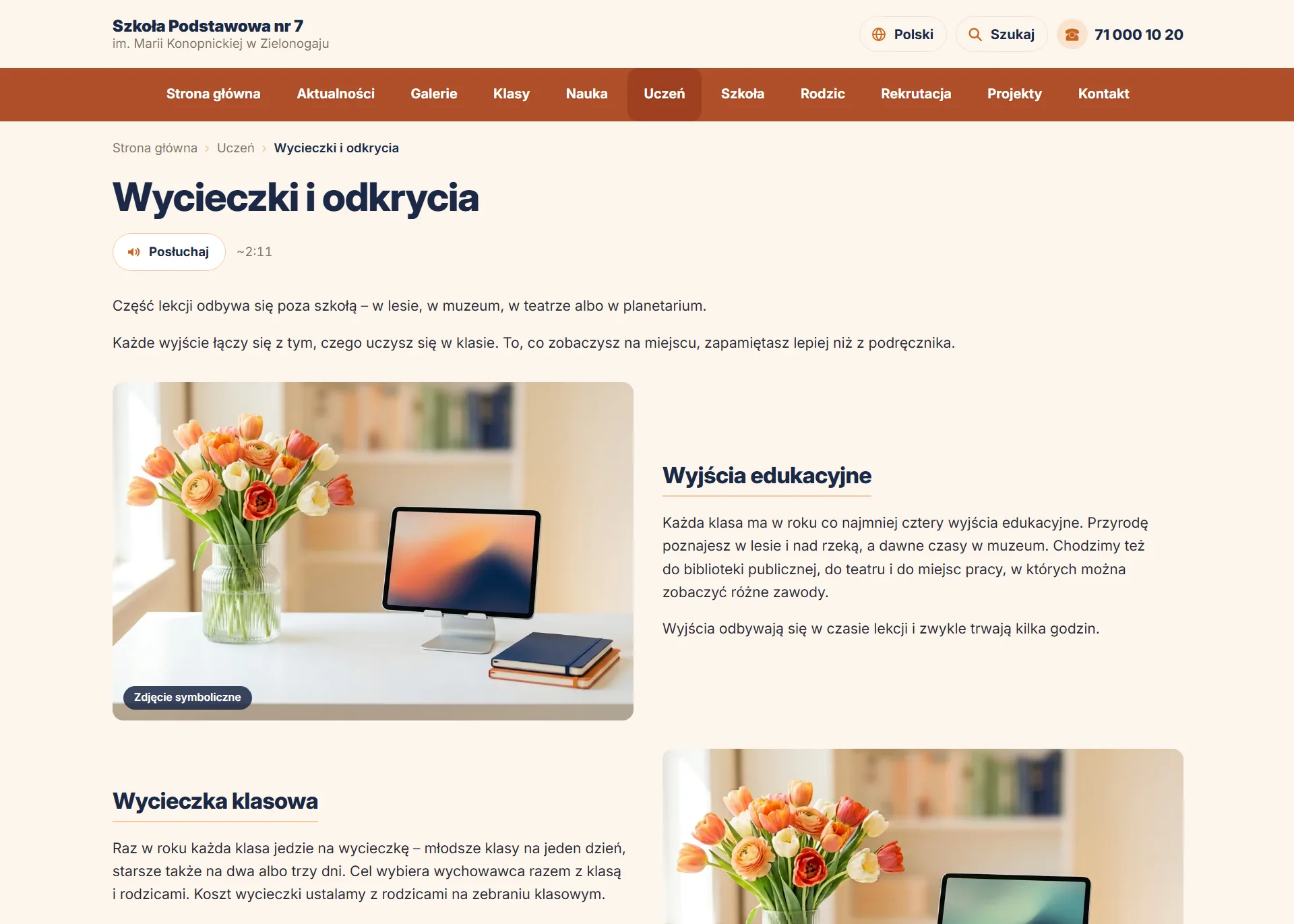 Zakładka „Wycieczki i odkrycia” na stronie szkoły — widok dla odwiedzających