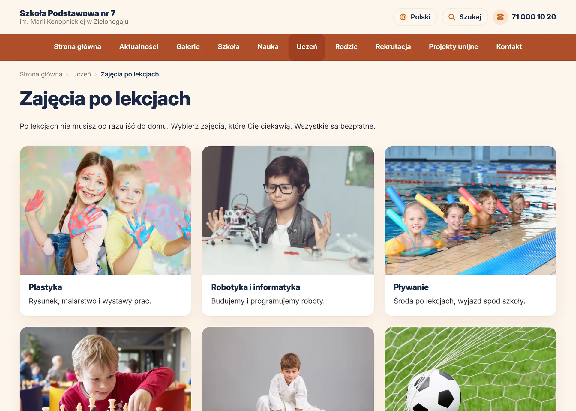 Podstrona Zajęcia po lekcjach na stronie szkoły — widok dla odwiedzających