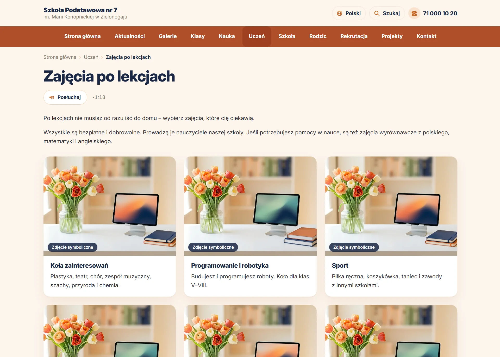 Zakładka „Zajęcia po lekcjach” na stronie szkoły — widok dla odwiedzających